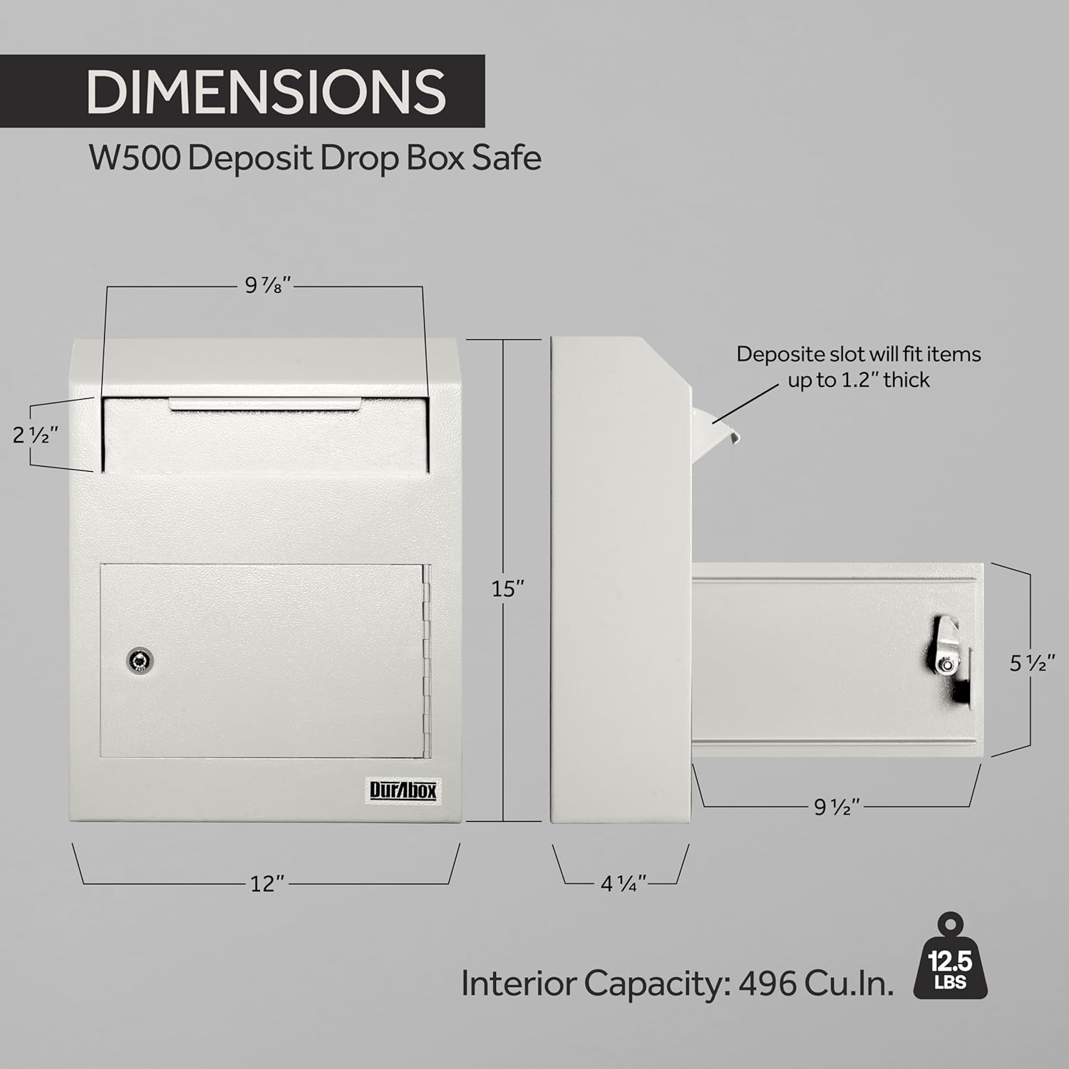 Durabox Drop Box Deposit Safe 12 x 4 x 15” Heavy Duty Steel Wall Mount Mailbox for Mail, Letters, Checks, Keys, Cash and more for Home, Office & Commercial Use (W500) (Gray)