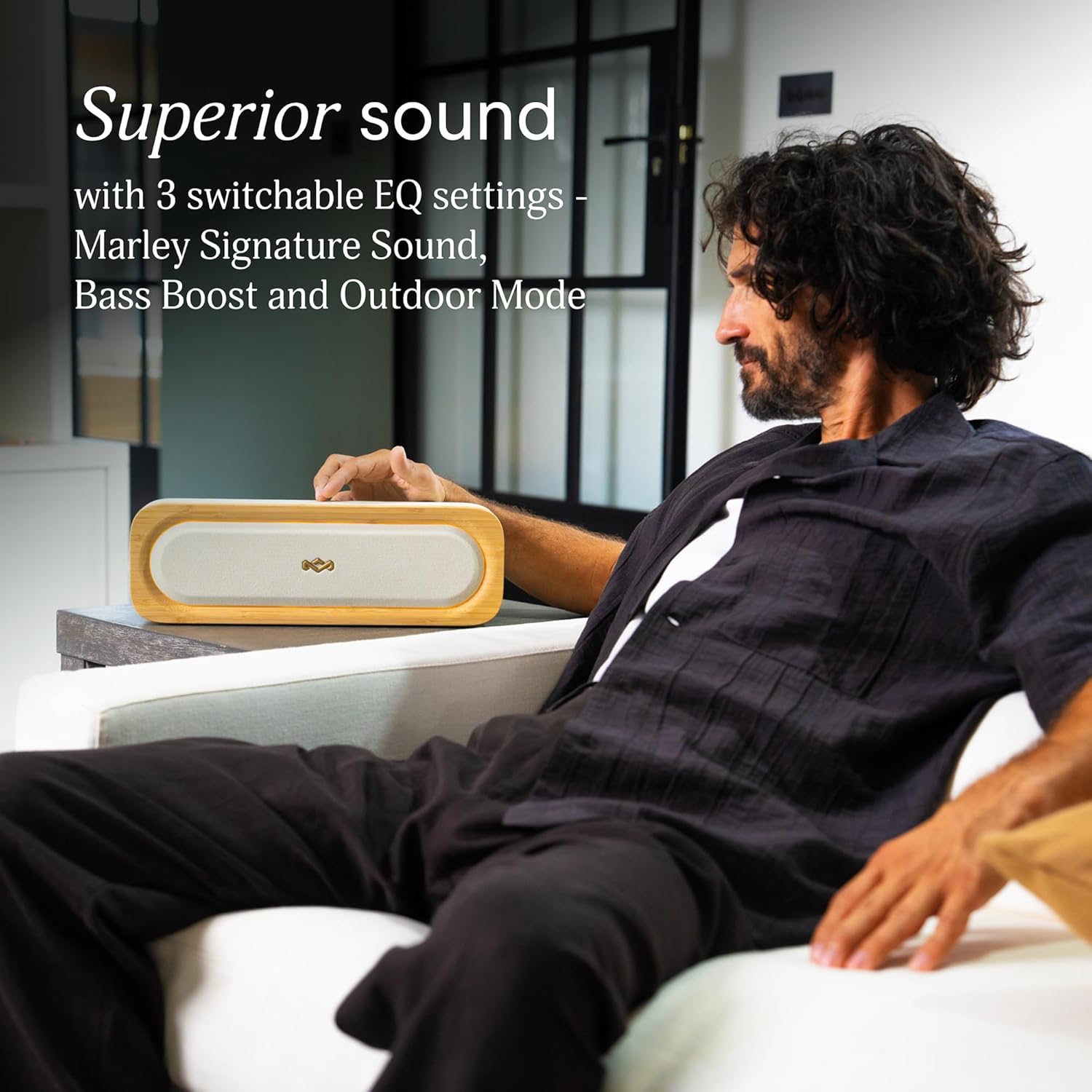 House of Marley Get Together 3 Bluetooth Speaker, 10Hr Playtime, USB-C Fast Charging, EQ Sound Modes, Ambient LED Light, 30m Wireless Range, Bamboo & Rewind Fabric Design (Cream)