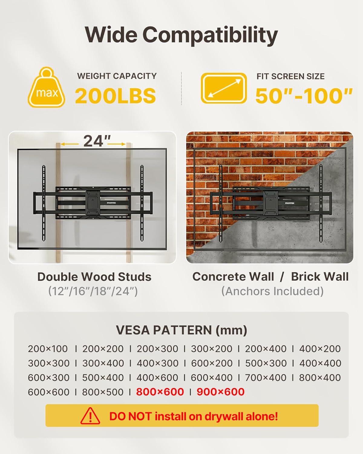 monTEK Heavy-Duty Full Motion TV Wall Mount Bracket for 50–100″ TVs up to 200 lbs – 4X Load Tested, Dual Arm Extension to 25.1″, Tool-Free Tilt/Swivel/Level, Max VESA 900×600, Fits 12/16/18/24
