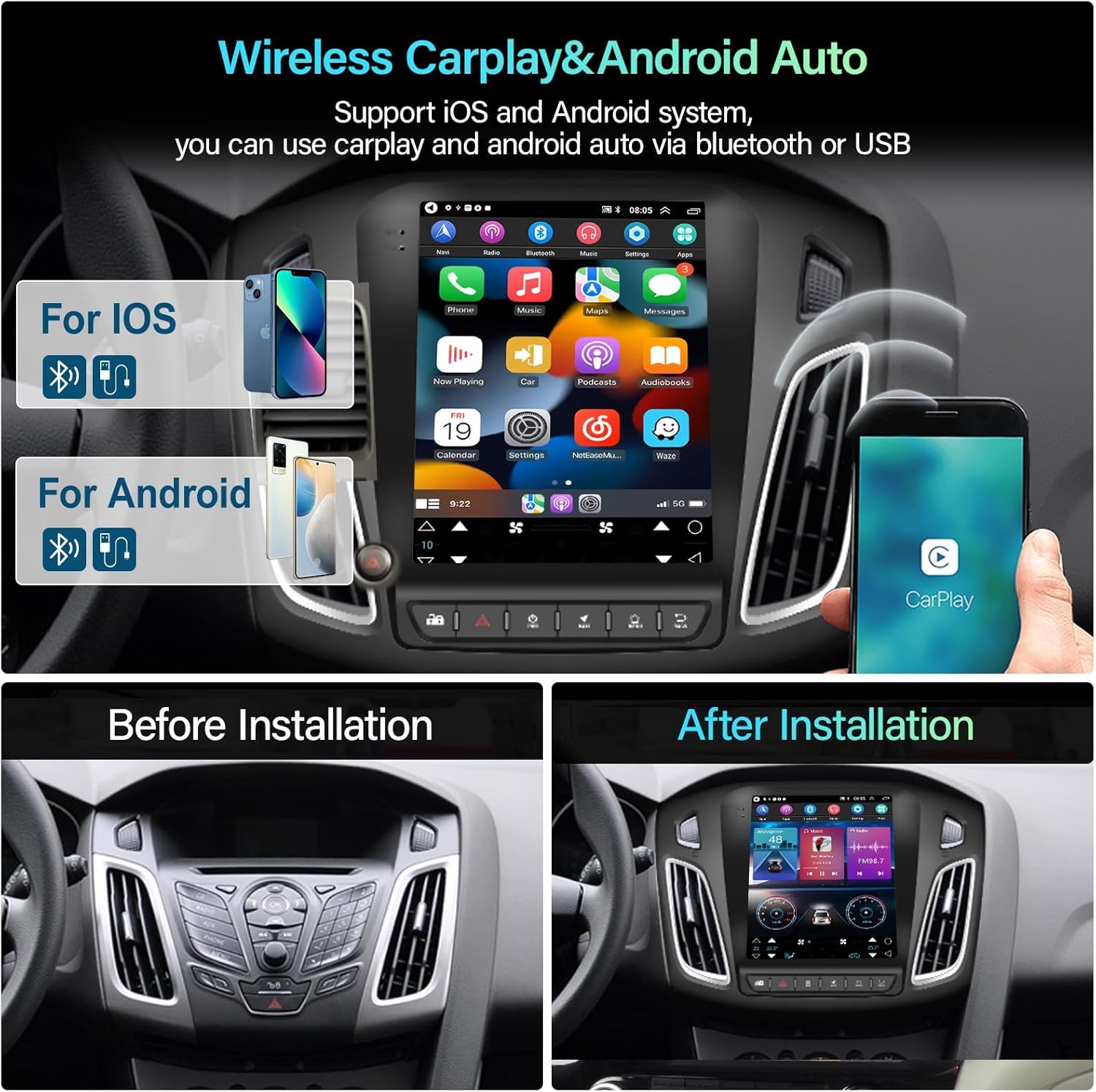 2G+64G Car Radio Stereo for Ford Focus 2012-2018 with Wireless CarPlay/Android Auto, 9.7 inch Android 13 Touch Screen Head Unit, HiFi Audio GPS Navigation WiFi Bluetooth SWC HD Backup Camera