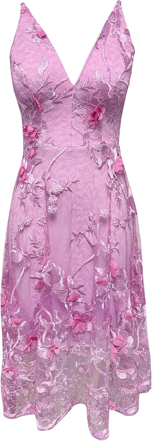 Dress the Population Women's Audrey Spaghetti Strap Midi A-line 3D Floral Dress, Lavender, M