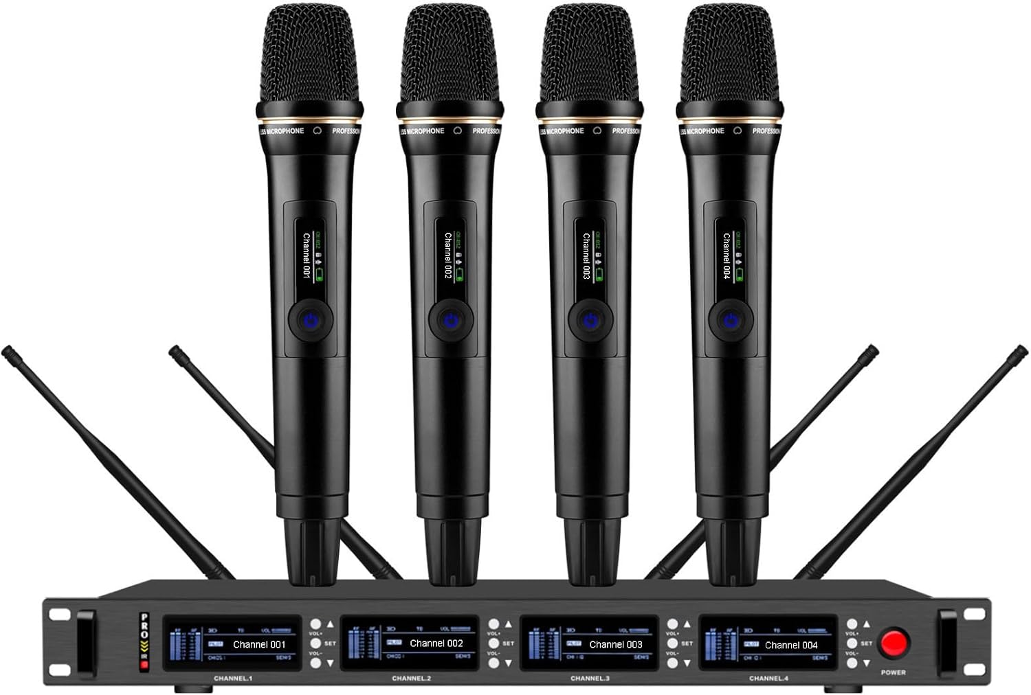 True Diversity 4 Channel Professional Wireless Microphone System for Singing Stage Performance Theatre Speaking, Long Range 490ft, Heavy Duty Handheld Transmitter, Black