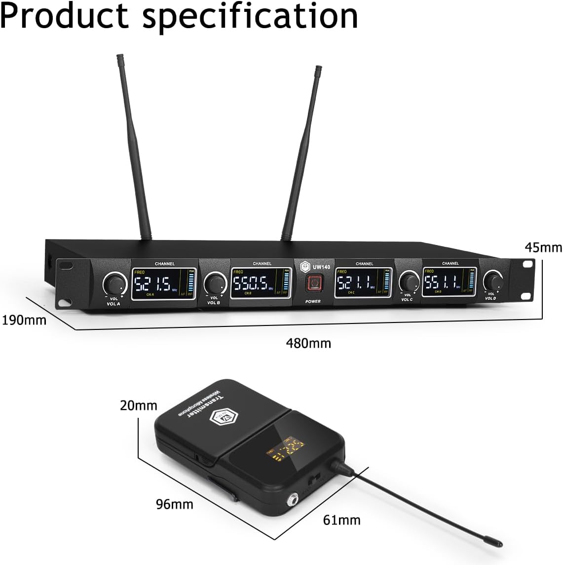 W IN-MIX UHF 4 Channel Wireless Microphone System with Cordless Handheld Lavalier Headset Mics, Adjustable Frequency, Long Range 260ft, Ideal for Church,Karaoke,Weddings, Events