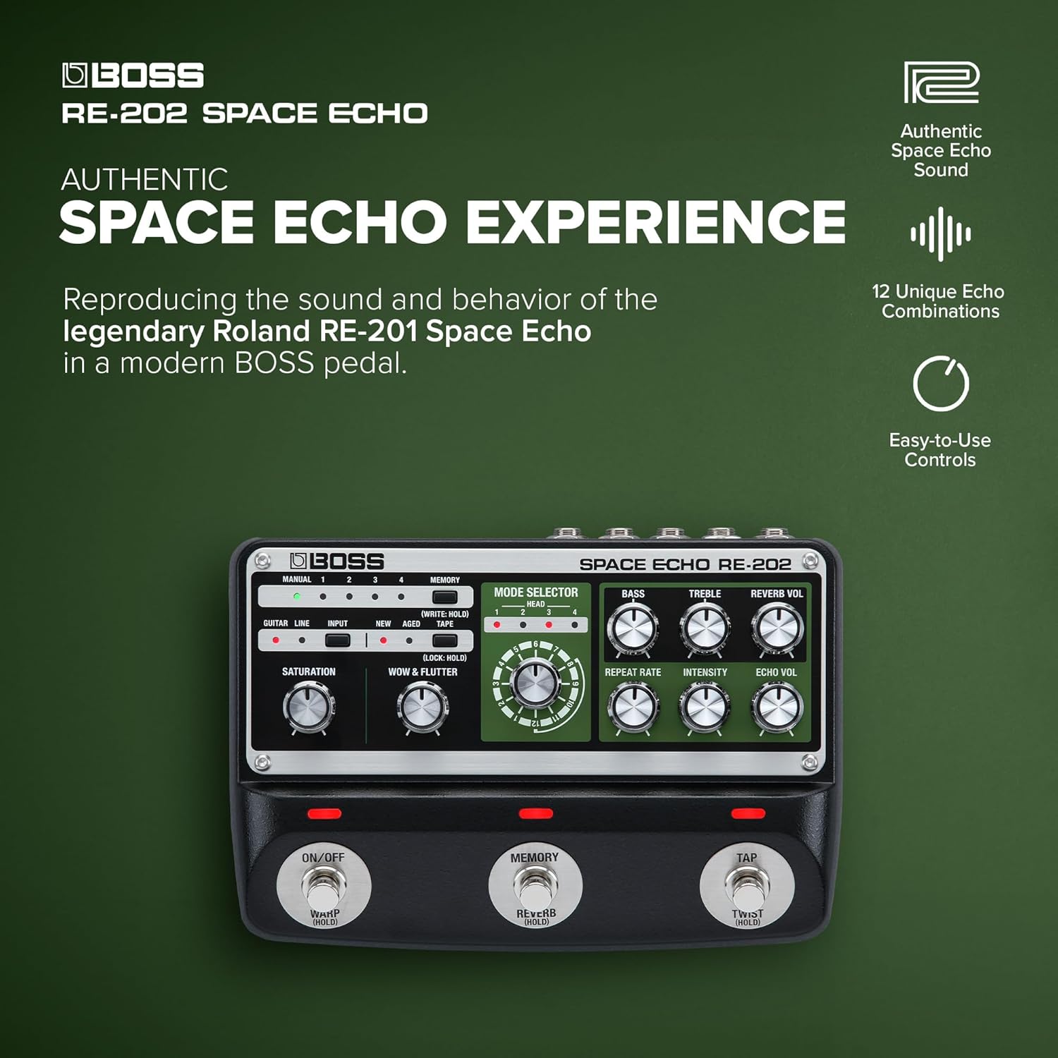 BOSS RE-202 Space Echo | Tape Echo Delay Reverb Effects Pedal | Modern Recreation of the Legendary Roland RE-201 Space Echo | True Stereo | Spring Reverb | Wow & Flutter