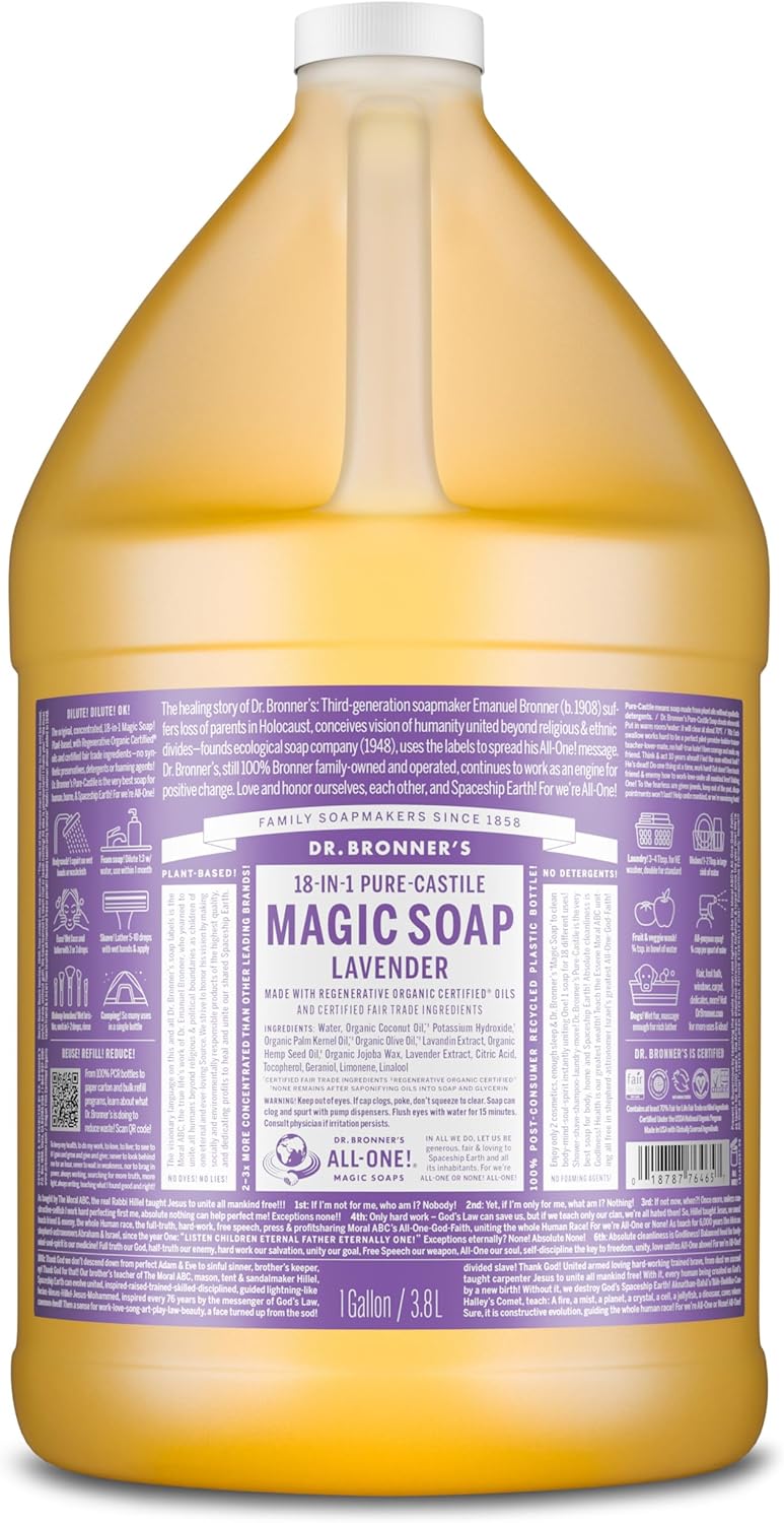 Dr. Bronner's Pure-Castile Magic Soap Liquid (Lavender, 1 Gallon) – Made with Regenerative Organic Certified Oils- For Face, Hair, Laundry, Dishes- Hand Soaps & Body Wash – Concentrated, Vegan