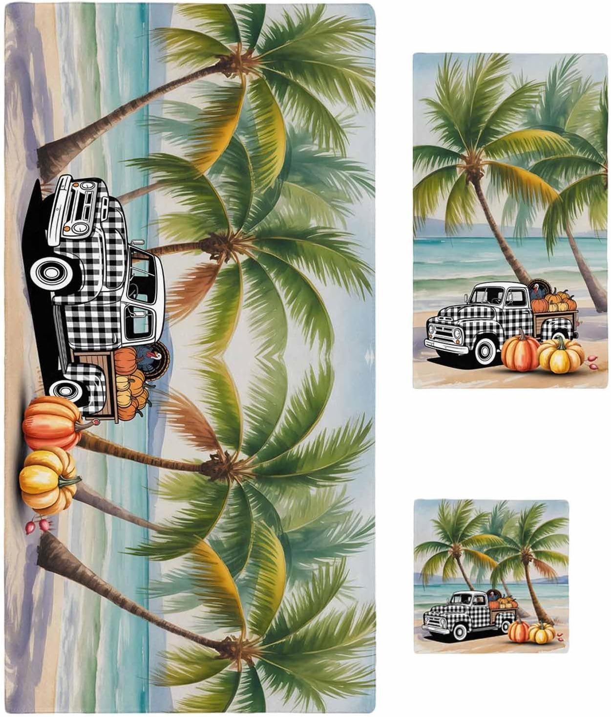 Summer Palm Trees Bath Towels Set of 3 for Bathroom,Soft Absorbent Shower Beach Hand Face Hair Yoga Workout Gym Towel Dish Wahcloth,Beach Fall Pumpkins Seaside Vintage Car Quick Dry Bath Towels+Set