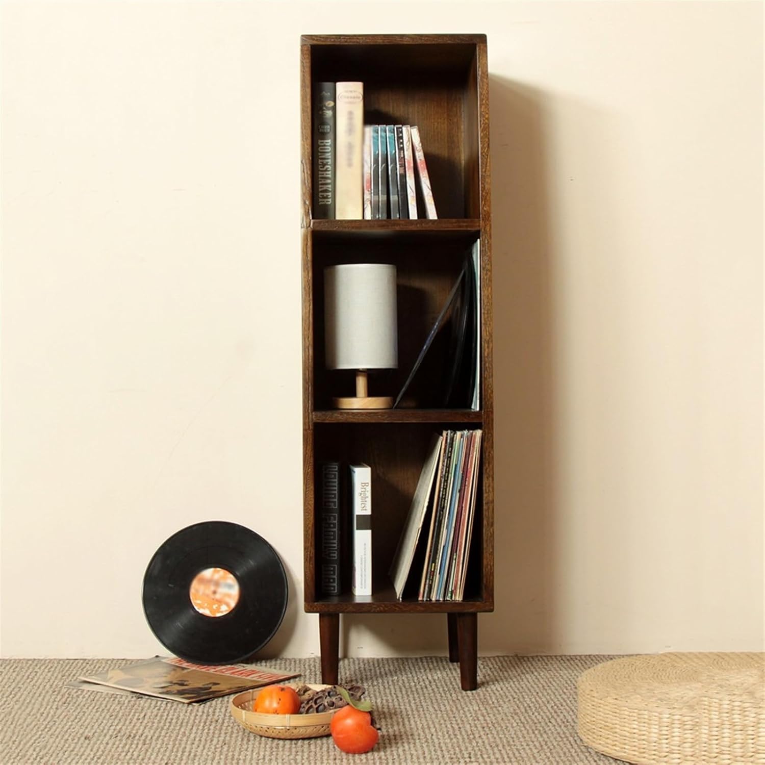 Record Storage Shelf 3-Tier Vinyl Record Album Storage, Solid Wood Floor Standing Book Case CD Storage Cabinet with Legs, for Living Room, Bedroom, Office Record Shelf