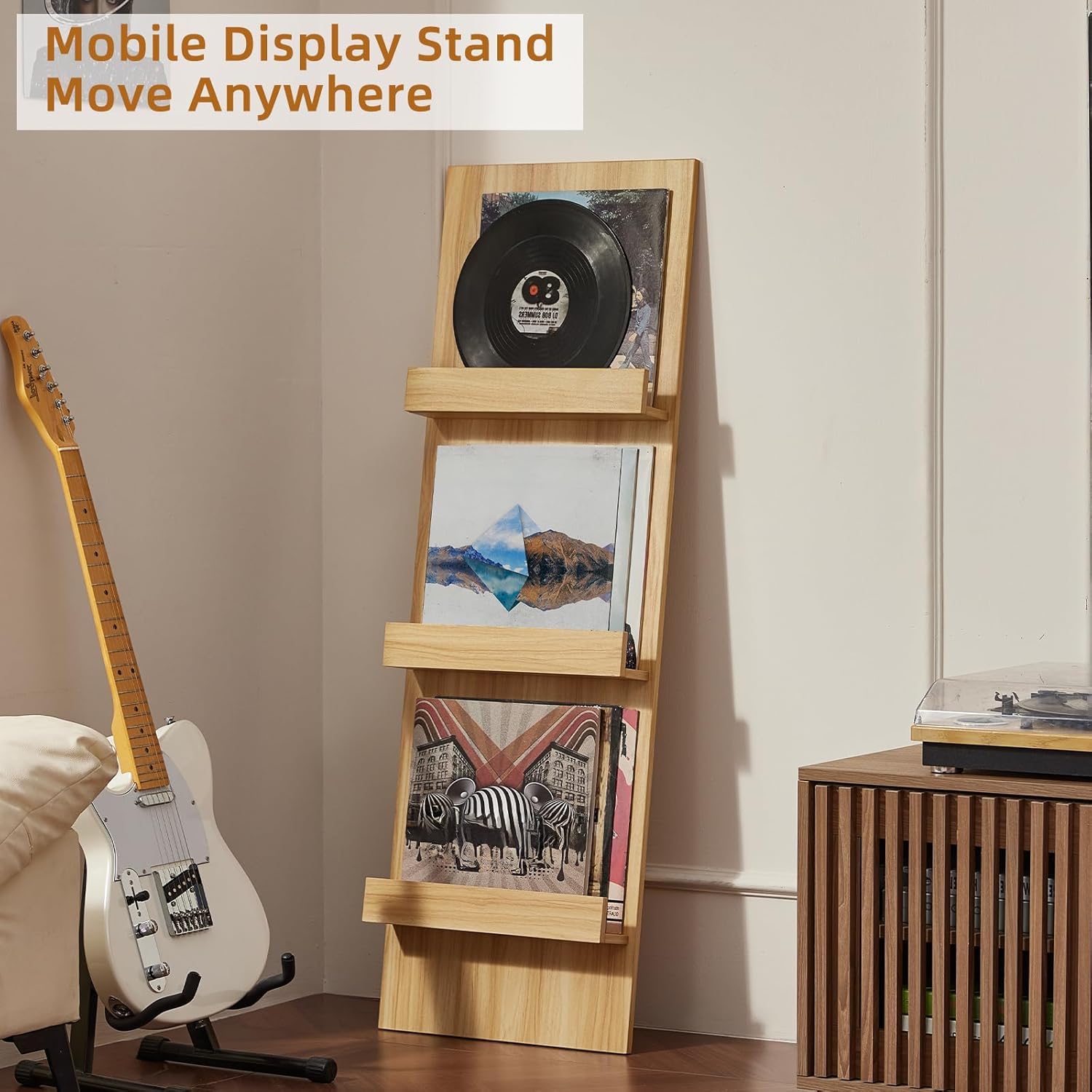 LELELINKY Wall Mount Vinyl Record Holder Set of 2 with 3 Tier Display Area, 47.5'' Tall Record Storage Magazine Holder, Book Shelf Holder Holds Up to 15 Vinyls Albums/CD for, Living Room, Music Room