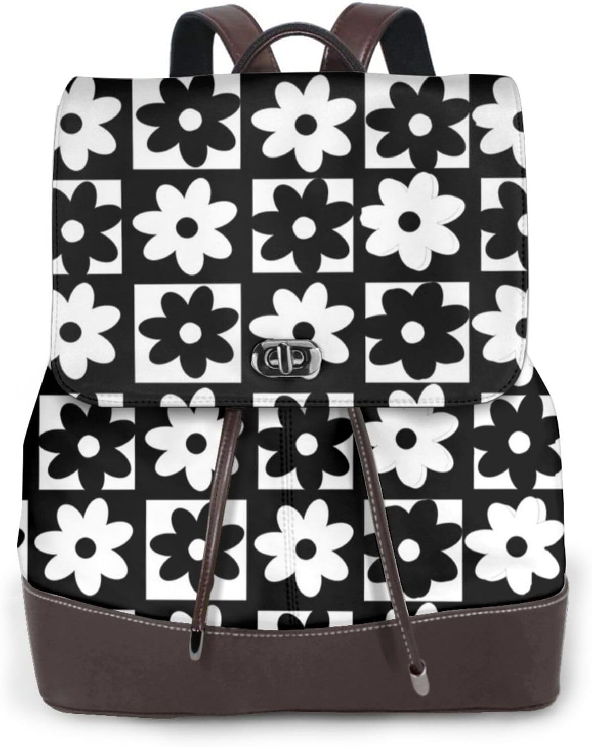 Black and White Checkered Flower for Womens Backpack Purse Microfiber PU Anti-theft Large Fashion Designer Travel Bag Ladies Shoulder Bags