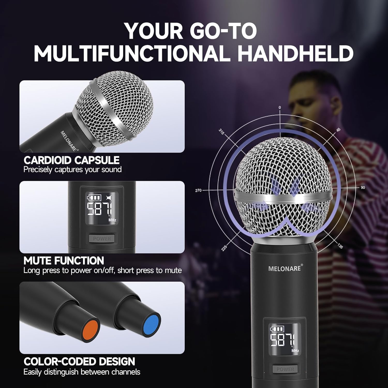 Dual Channel Wireless Microphone System, MELONARE Auto-Scan Professional Cordless Dynamic Mic Set, 260ft Range, 2x100 UHF Metal Wireless Mic for Singing, Karaoke, Church, Wedding, DJ (MWU-20-2H)