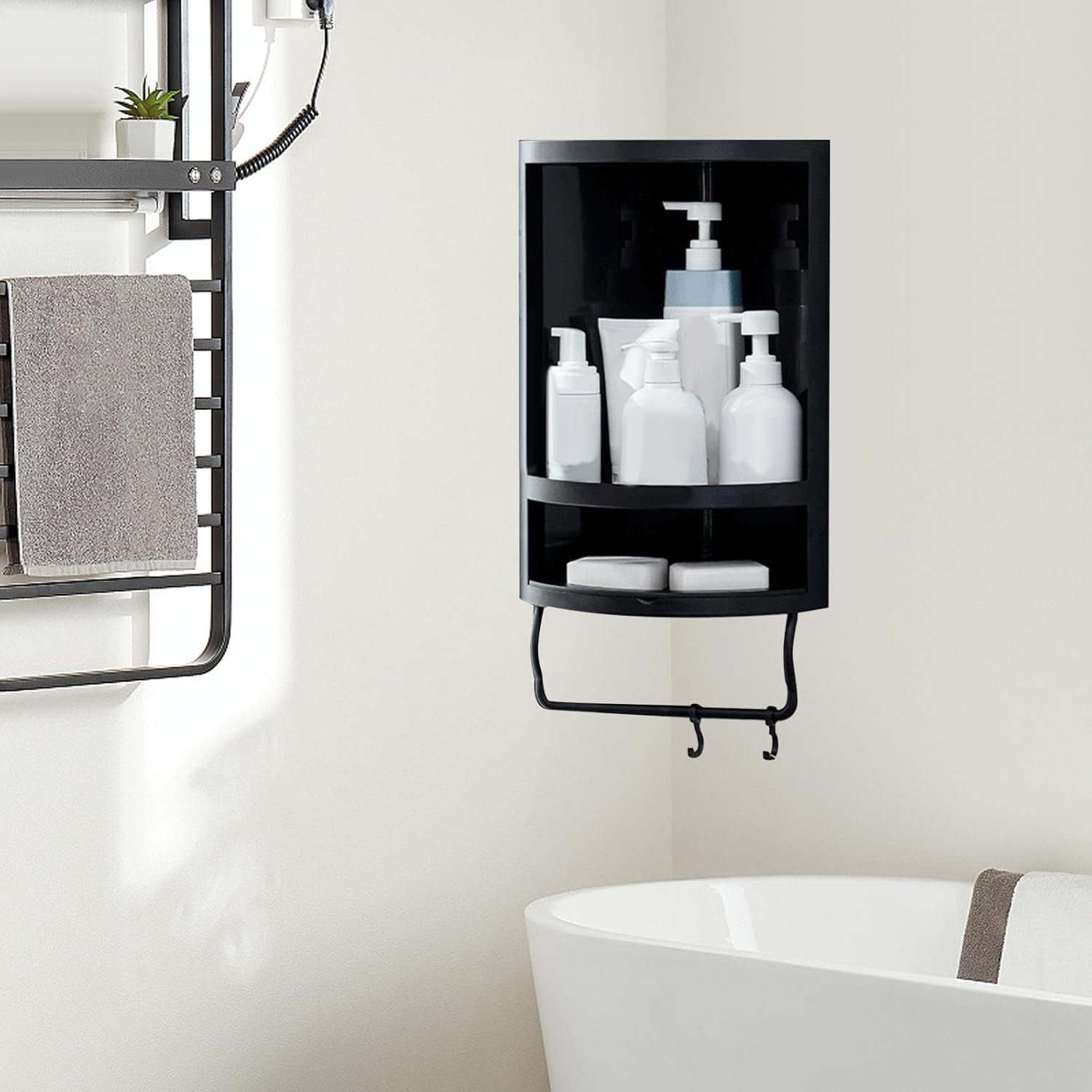 Corner Shower Rack Wall Mount Float Shelves Easy to Install Shower Corner Stand Float Shelves Storage for Toilet Hotels, White(Black)