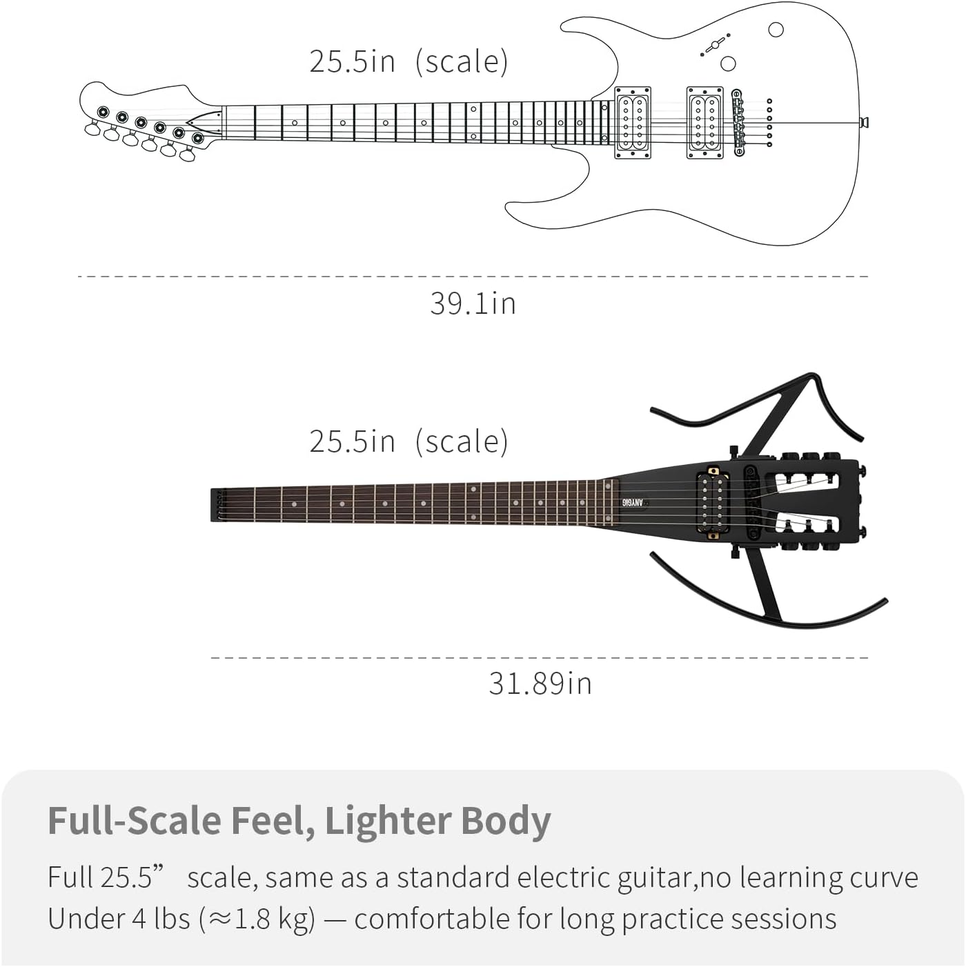 Travel Electric Guitar Headless – Portable Ultra-Light and Quiet, Full-Scale 25.5” Rosewood Fingerboard, Glow Humbucker, Gig Bag, Removable Stands for Left and Right Black