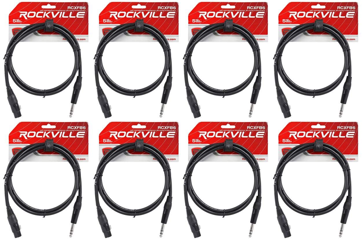 Rockville RCXFB6B 6 ft XLR Female to 1/4 in TRS Balanced Audio Cable, 24 AWG OFC Copper Wire, REAN Nickel Plated Connectors, EMI RFI Shielded, Black, 8-Piece