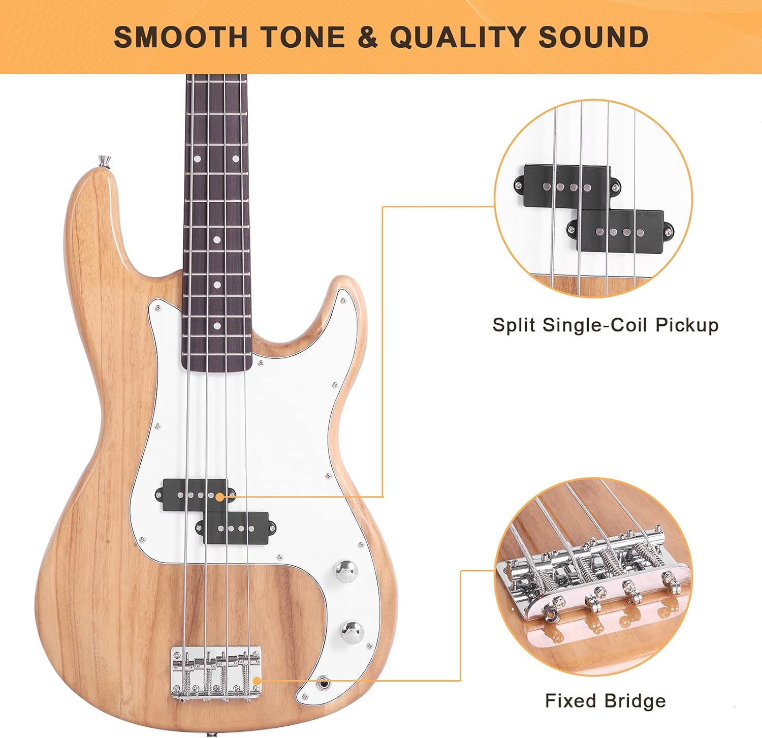 Glarry Electric Bass Guitar Full Size 4 String Rosewood Basswood Fire Style Exquisite Burning Bass(Burly Wood)