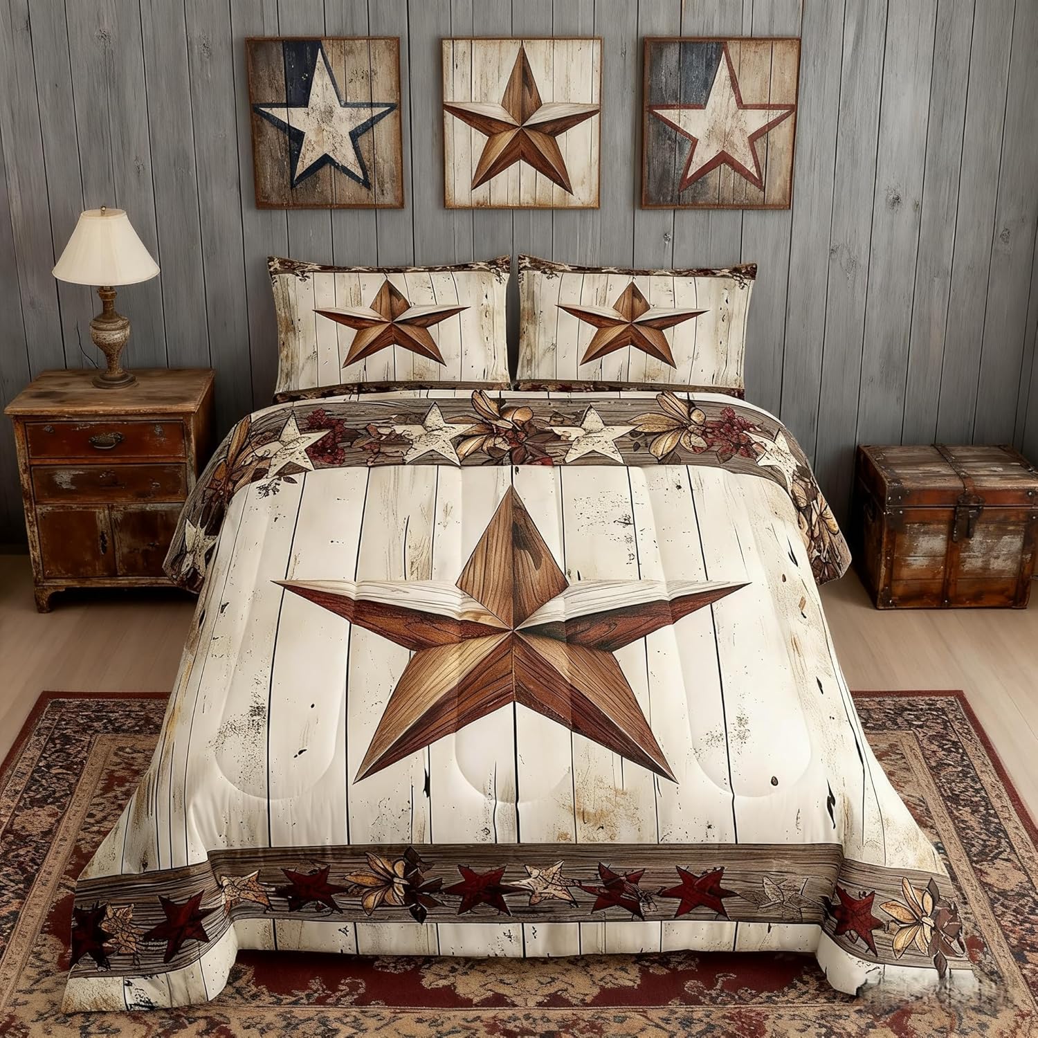 Manfei West Texas Star Comforter Set King Size, Rustic Farmhouse Quilt Set with 2 Pillowcases, Grey Wooden Plank Bedding Set 3pcs for Kids Boys Teens Room Decor, Lightweight Duvet Insert