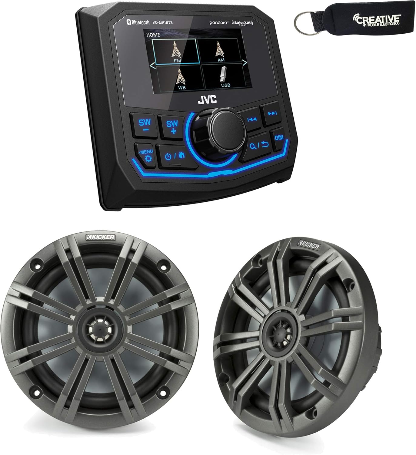 JVC KD-MR1BTS Bluetooth Marine Receiver w/A Pair of Kicker Marine OEM Replacement Speakers - Charcoal