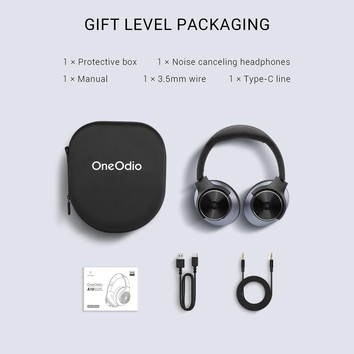 OneOdio A10 Hybrid Active Noise Cancelling Headphones, Hi-Res Audio, 62H Playtime with Speed Charge, Travel Case, Wireless/Wired, Built-in Mic, Bluetooth Over Ear Headphones for Work Travel