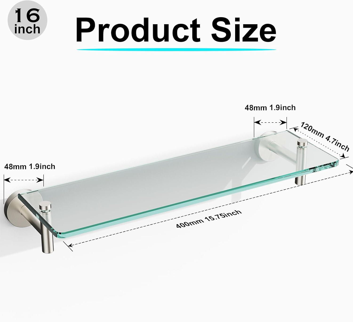 Glass Shelf for Bathroom 2 Pack,16-Inches Floating Glass Shelves Towel Bar/Track(Brushed Nickel)