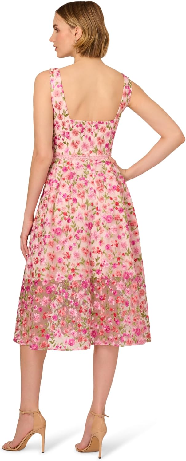 Adrianna Papell Womens Floral Embroidery Midi Dress