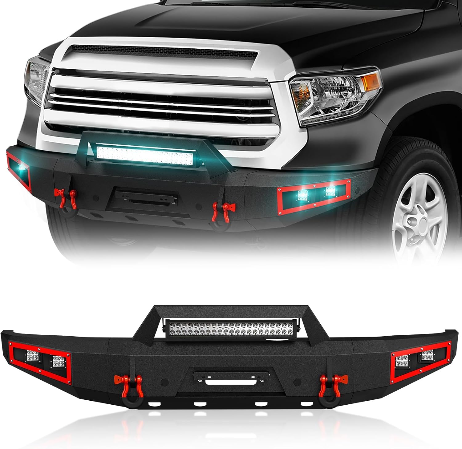 Pickup Truck Front Bumper Compatible for 2014 2015 2016 2017 2018 2019 2020 2021 Toyota Tundra with Winch Plate, License Plate Bracket, Paintable Armor, Sensor Holes, 5 x LED Lights & D-rings