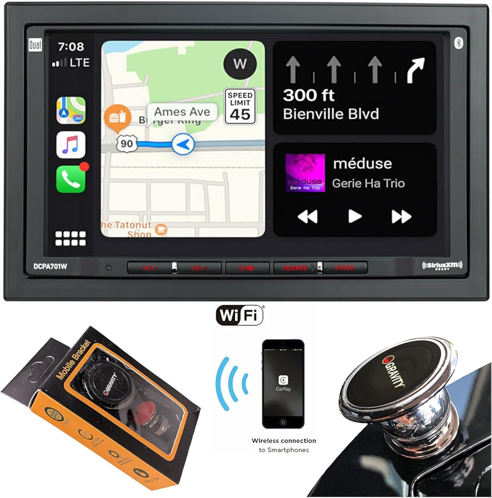 Dual Electronics DCPA701W 7-Inch Single-DIN in-Dash Digital Media Receiver with Bluetooth, Android Auto and Wireless WiFi CarPlay Android Auto to The Unit with Gravity Magnet Phone Holder Bundle