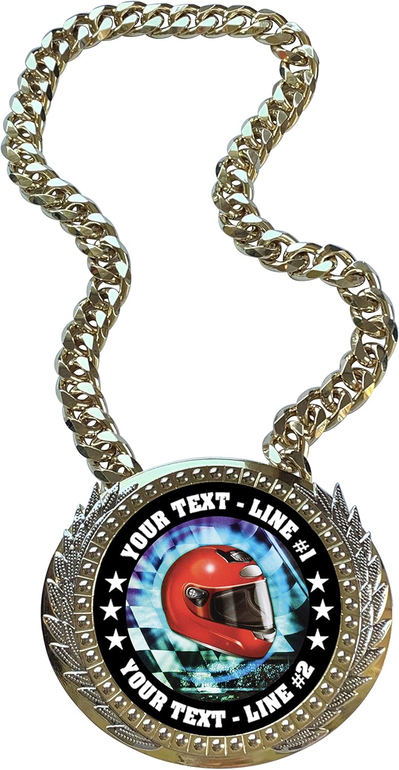 Express Medals Metal Version Auto Racing Flag Helmet Champ Chain Trophy with 2 Lines of Personalized Custom Text on a Large Award Medal and Attached 34 inch Long Metal Neck Chain. MY436