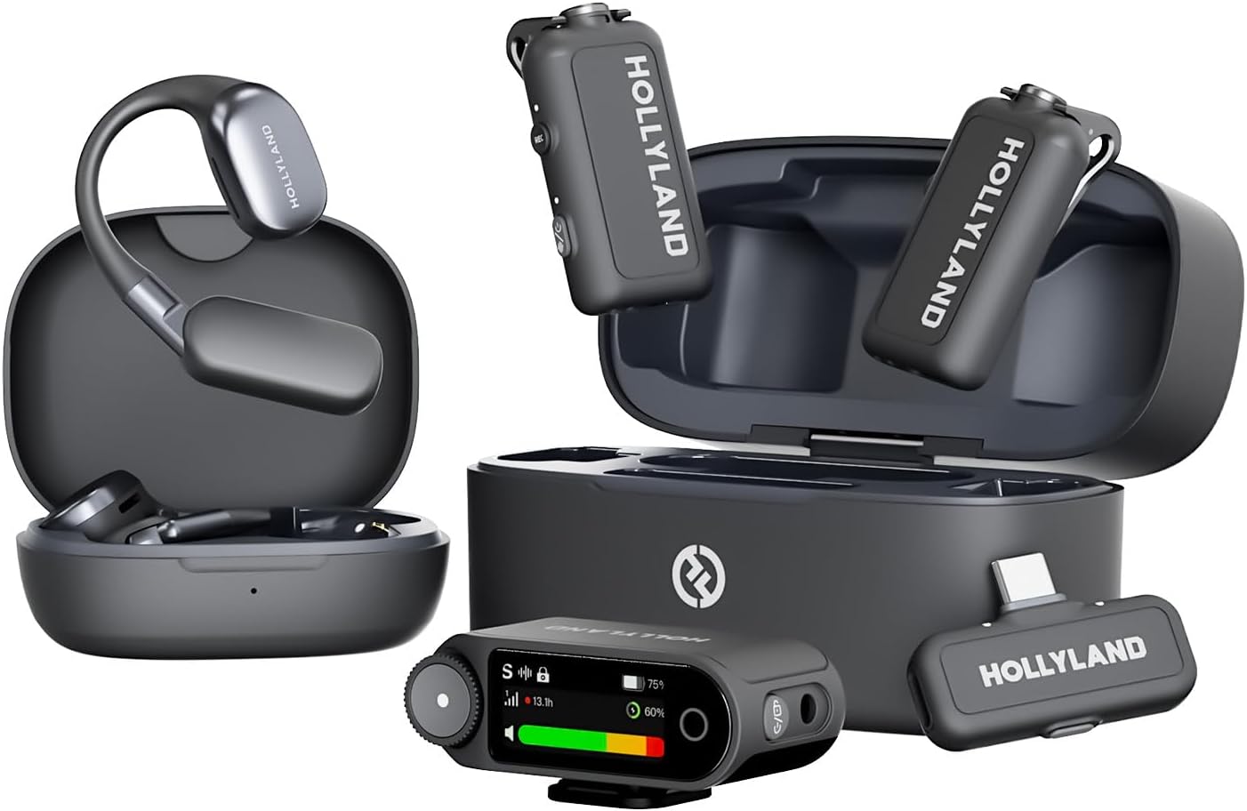 Hollyland Lark MAX 2 Wireless Microphone for iPhone/Camera/Android, AI Noise Cancel, Wireless Monitoring, 32bit Full-Chain Audio, Timecode (Ultimate Combo, 2TX+2RX+OWS Earphones + Charging Case)