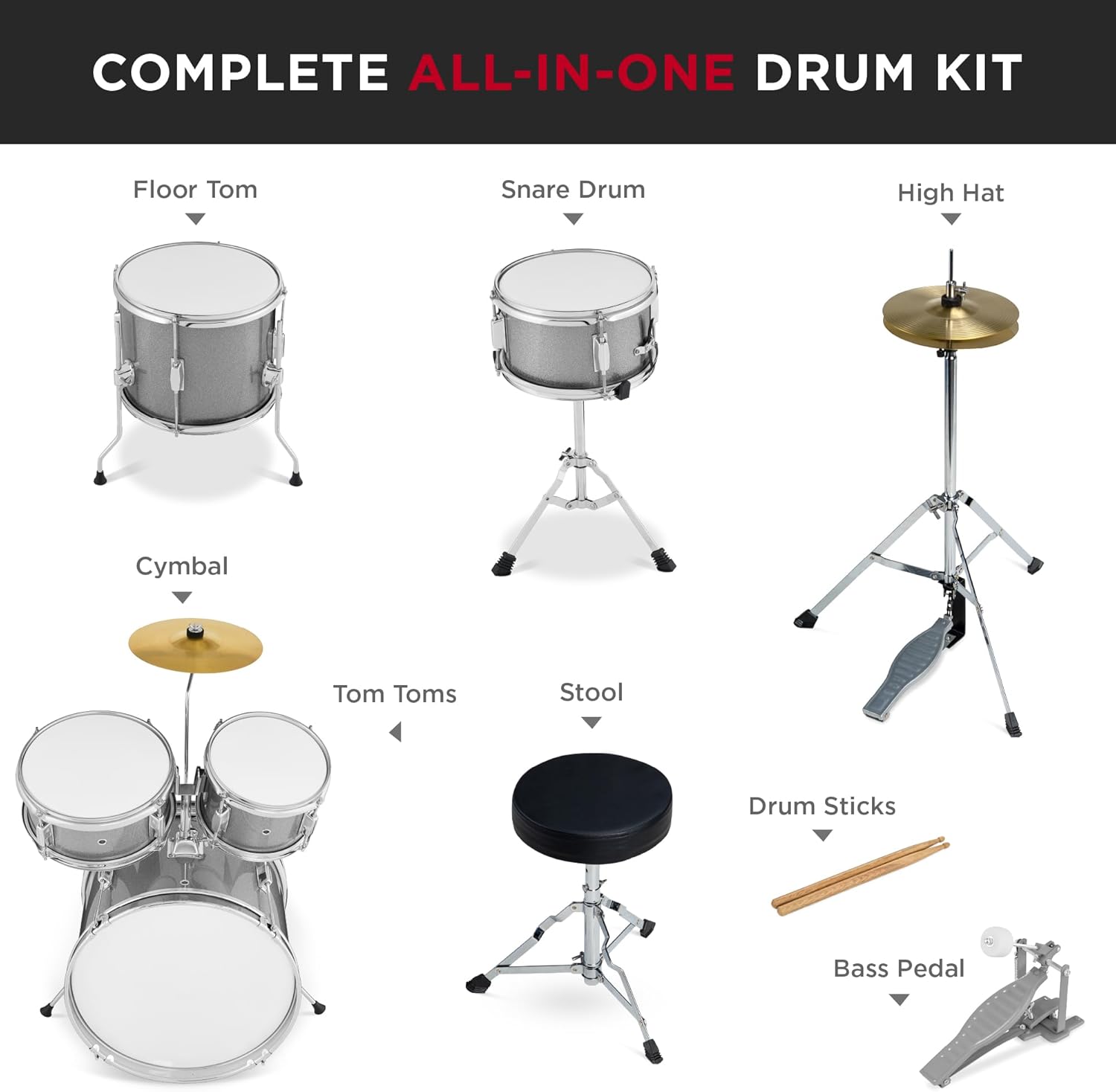 Best Choice Products Kids 5-Piece Beginner Drum Set Junior Kit, Starter Percussion w/Cymbals, Pedal, Toms, Snare, Drumsticks, Stool - Silver Sparkle
