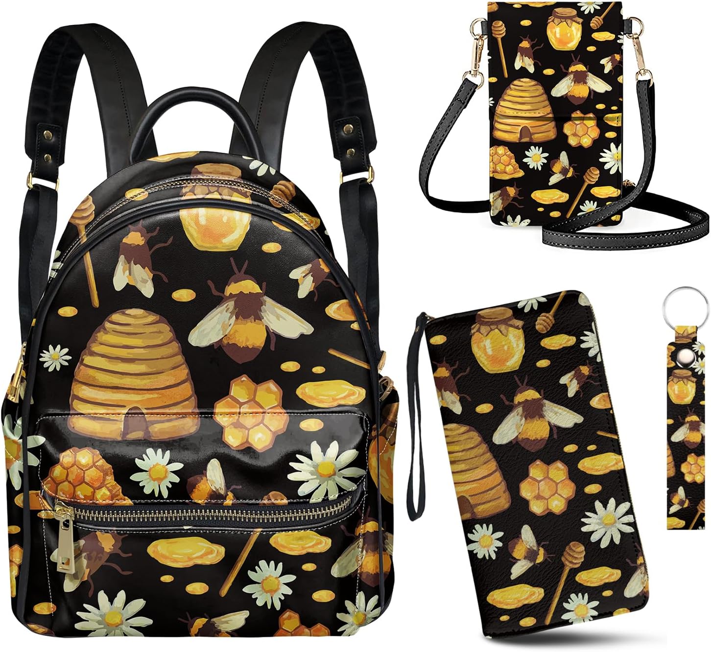 GLENLCWE 4Piece Bee Daisy Leather Backpack Purse for Women Zipper Travel Backpack and Wallet Handbag Phone Bag Key Chain Anti Theft Backpack Set