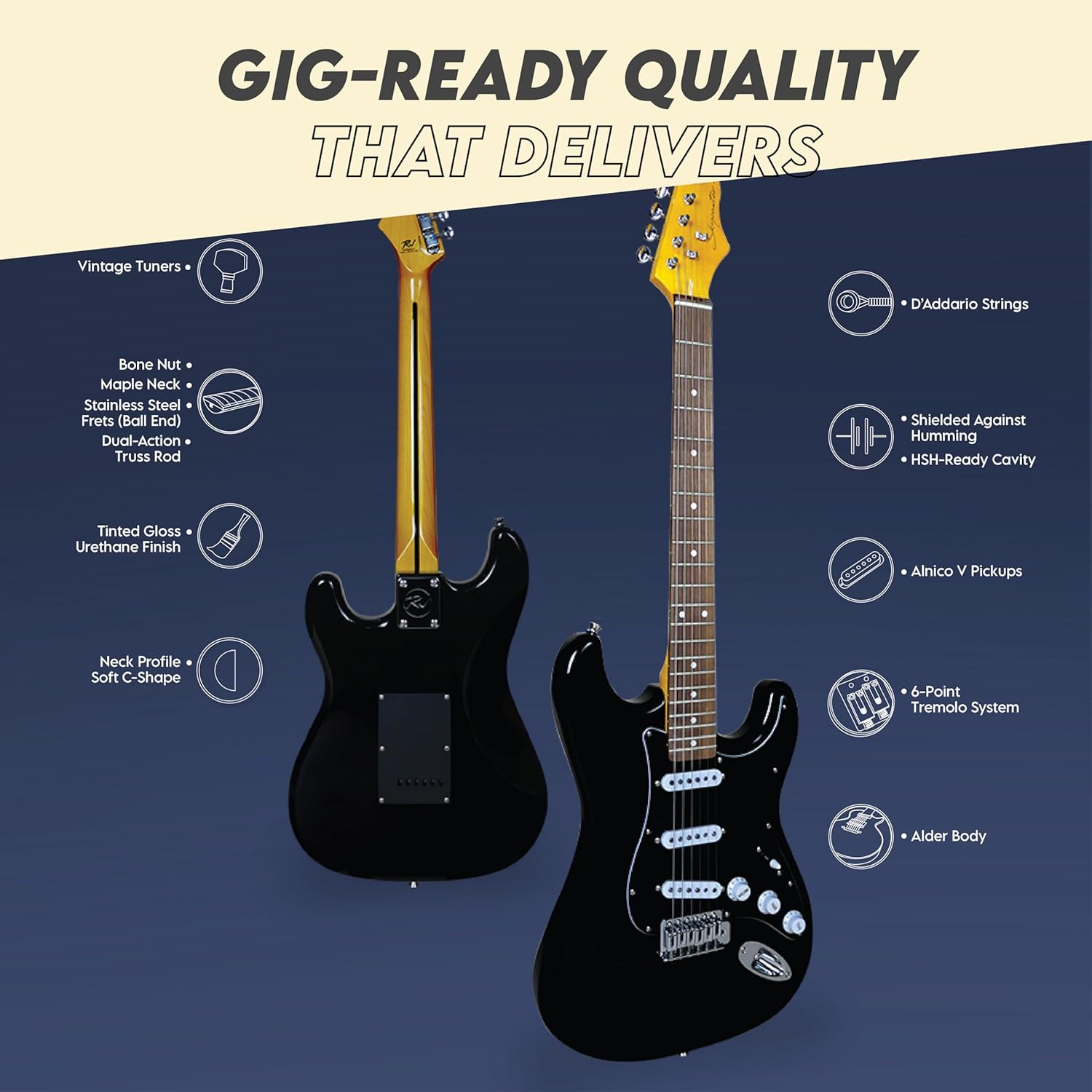 Gigline Skycaster Electric Adult S-Type Full Size, Alder Body, Stainless Steel Frets (Ball End), Bone Nut, SSS Alnico V, Black