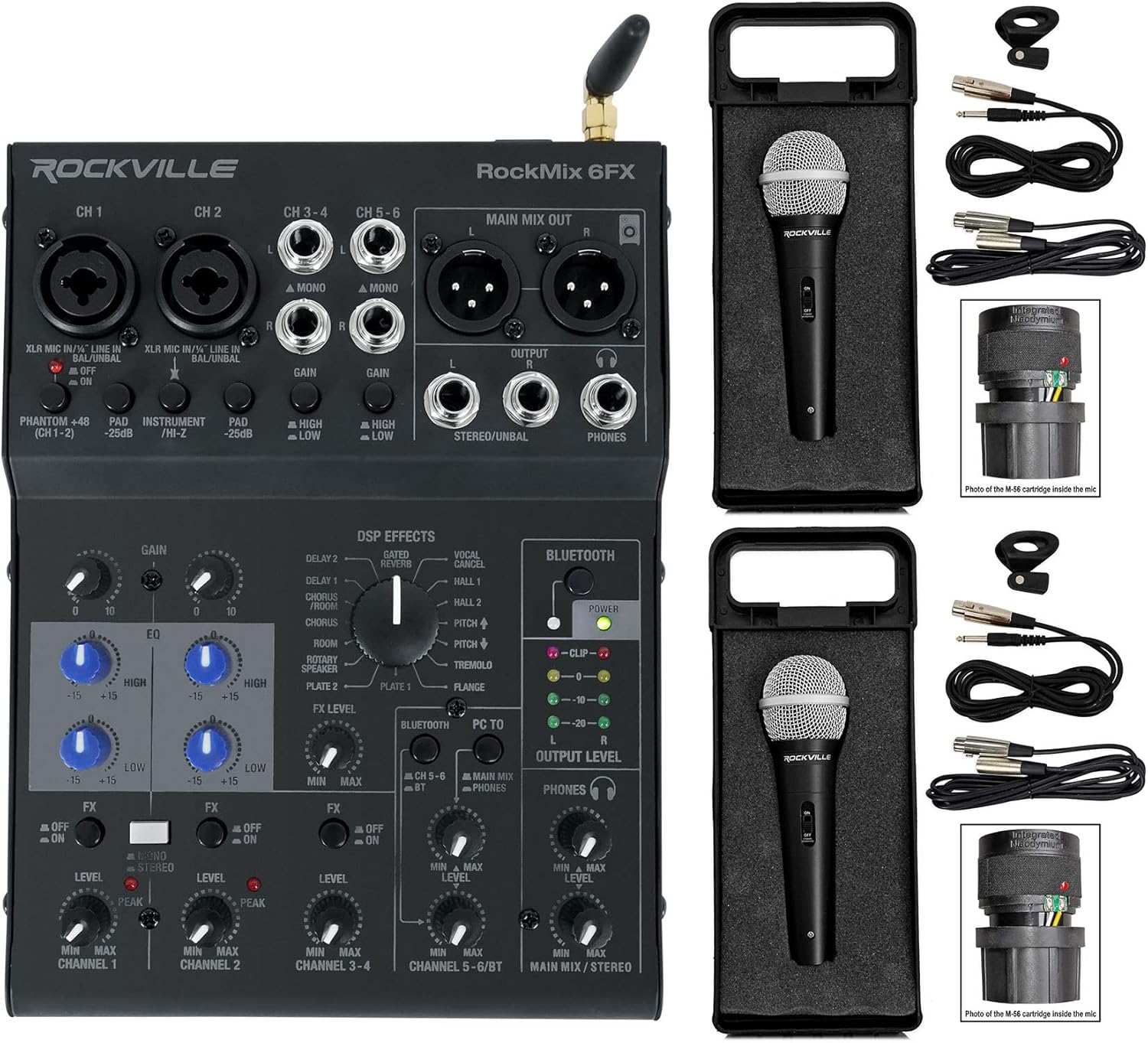 Rockville RockMix 6FX Bundle: 6-Channel Mixer with USB Recording Interface, (2) RMC-XLR High-End Metal DJ Handheld Microphones with Cables, Bluetooth, Effects, 3-items