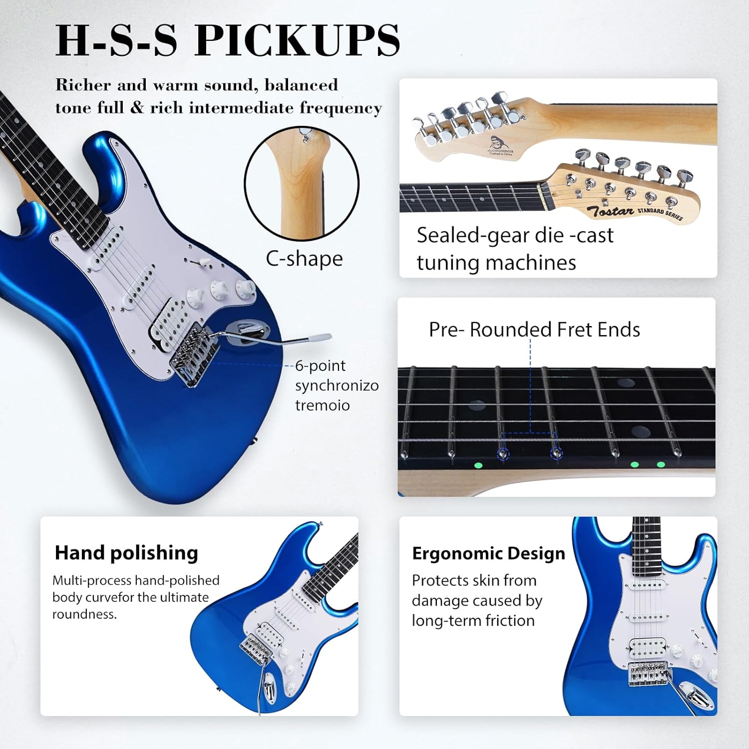 Tostar Electric Guitar Full Size Kit for Beginners 6 String with Amp SSH Pickup with Gig Bag,Capo,Tremolo,Tuner, Strap, Picks Blue Electric Guitars Stratocaster 39