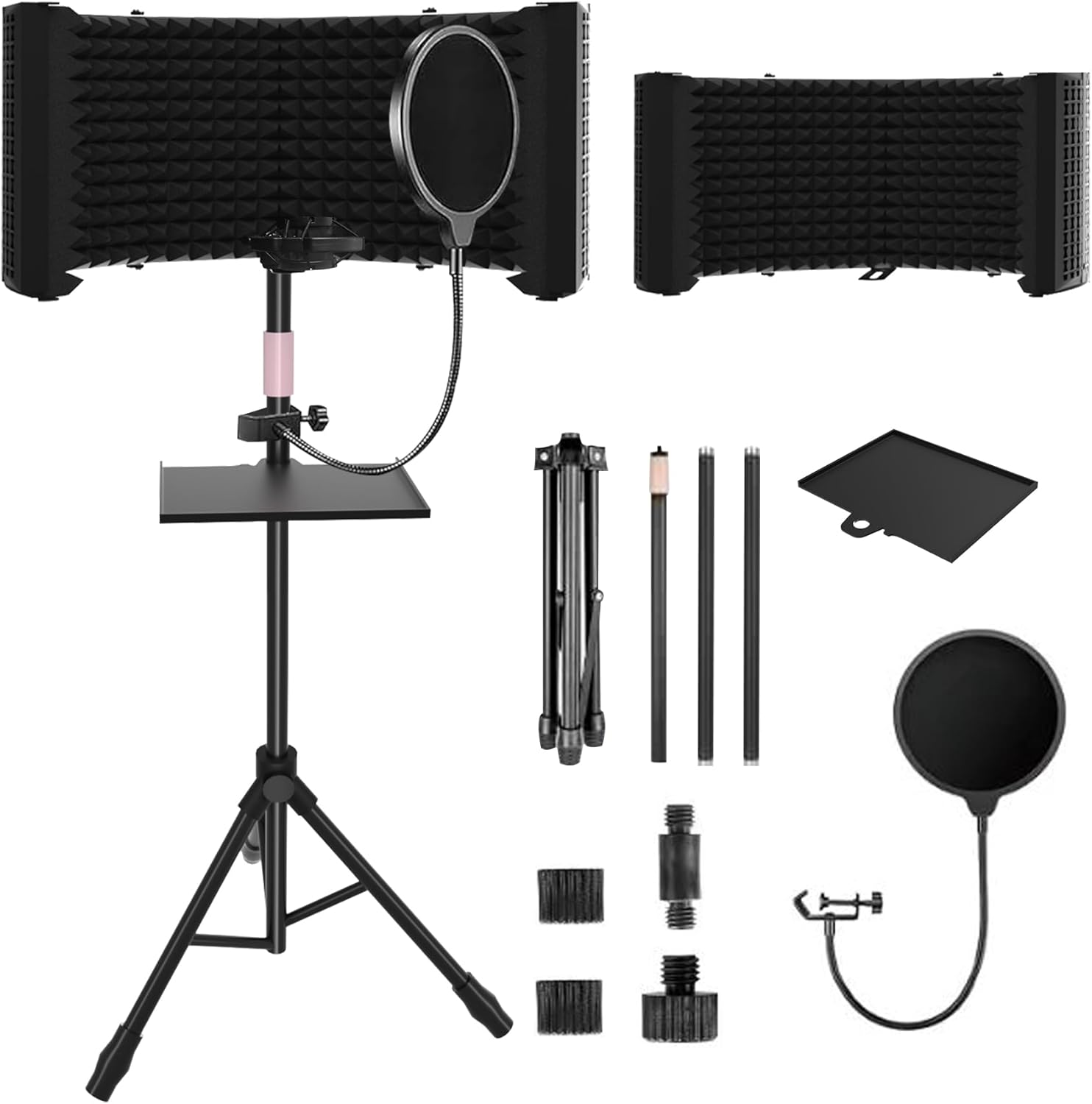 6-Panel Microphone Isolation Shield with Adjustable Stand – Foldable Soundproof Vocal Booth for Recording, Professional Studio Mic Shield Compatible with Blue Yeti and Other Microphones