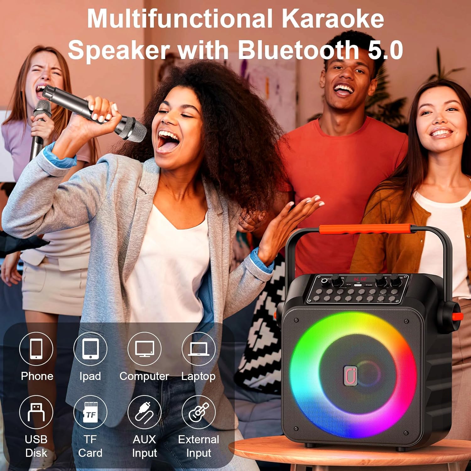 Karaoke Machine for Adults Kids: HWWR Portable Bluetooth Speaker with 2 Wireless Microphones, 6.5