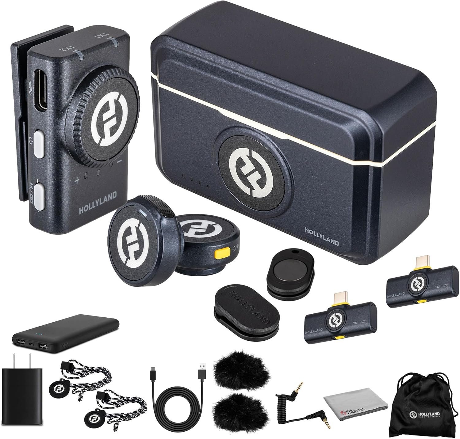 Hollyland Lark M2 Duo Wireless Lavalier Microphone System for Camera/iPhone/Android/Laptop 2-Person, 2.4GHz Clip-On Mic with Noise Cancellation 30Hr Battery for Video Recording and Streaming Bundle