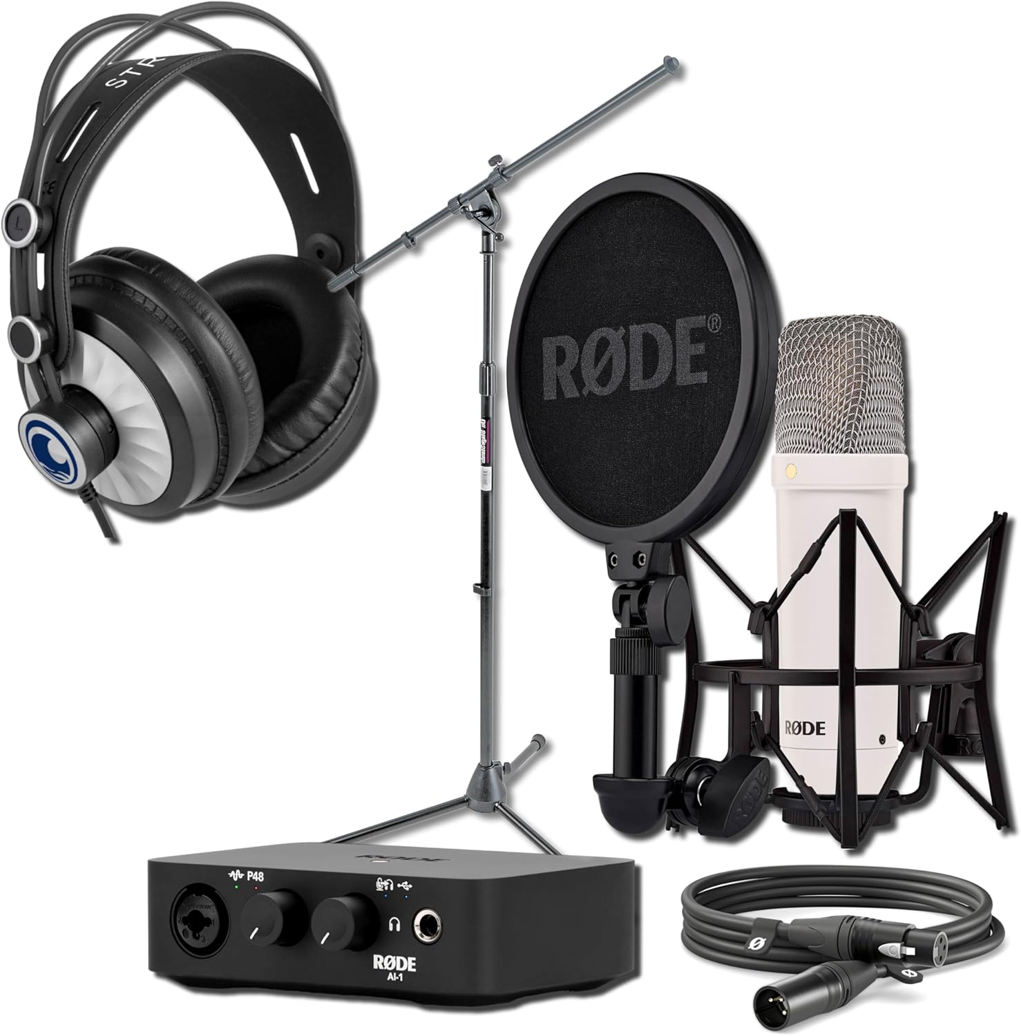 Rode NT1 Signature Series Condenser Microphone (White) with AI-1 USB Audio Interface, On-Stage MS7701B Boom Microphone Stand and Cans50 Studio Headphones