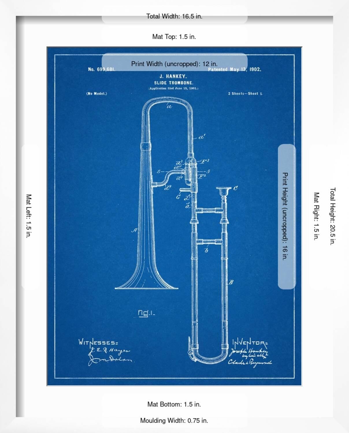 ART.COM Wall Art Print Slide Trombone Instrument Patent on White Frame, 16