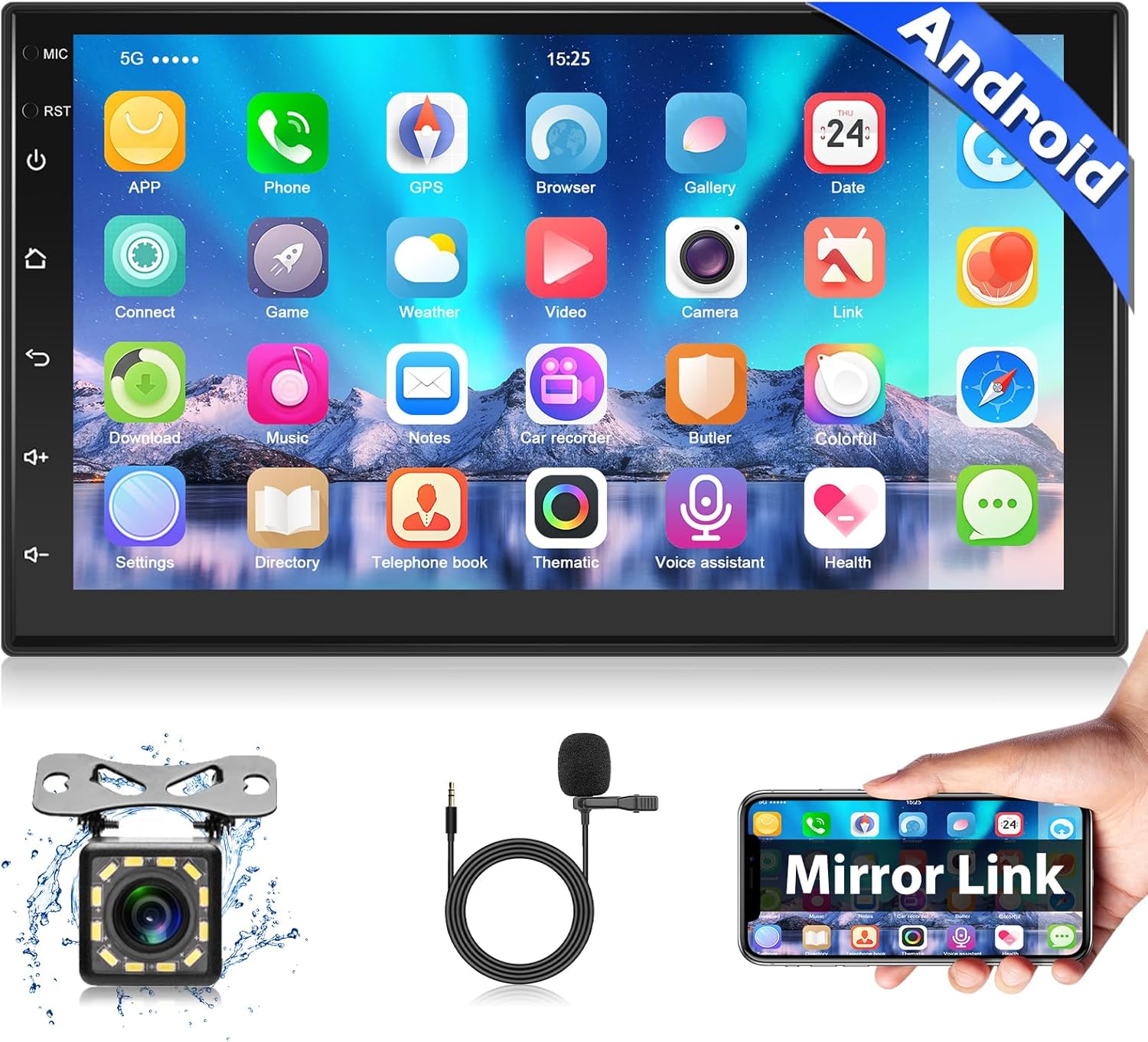 7 Inch Android 13 Double Din Car Stereo Radio, Touch Screen Bluetooth Audio Receiver with GPS Navigation EQ DSP/FM Radio WiFi Mirror Link SWC Backup Camera