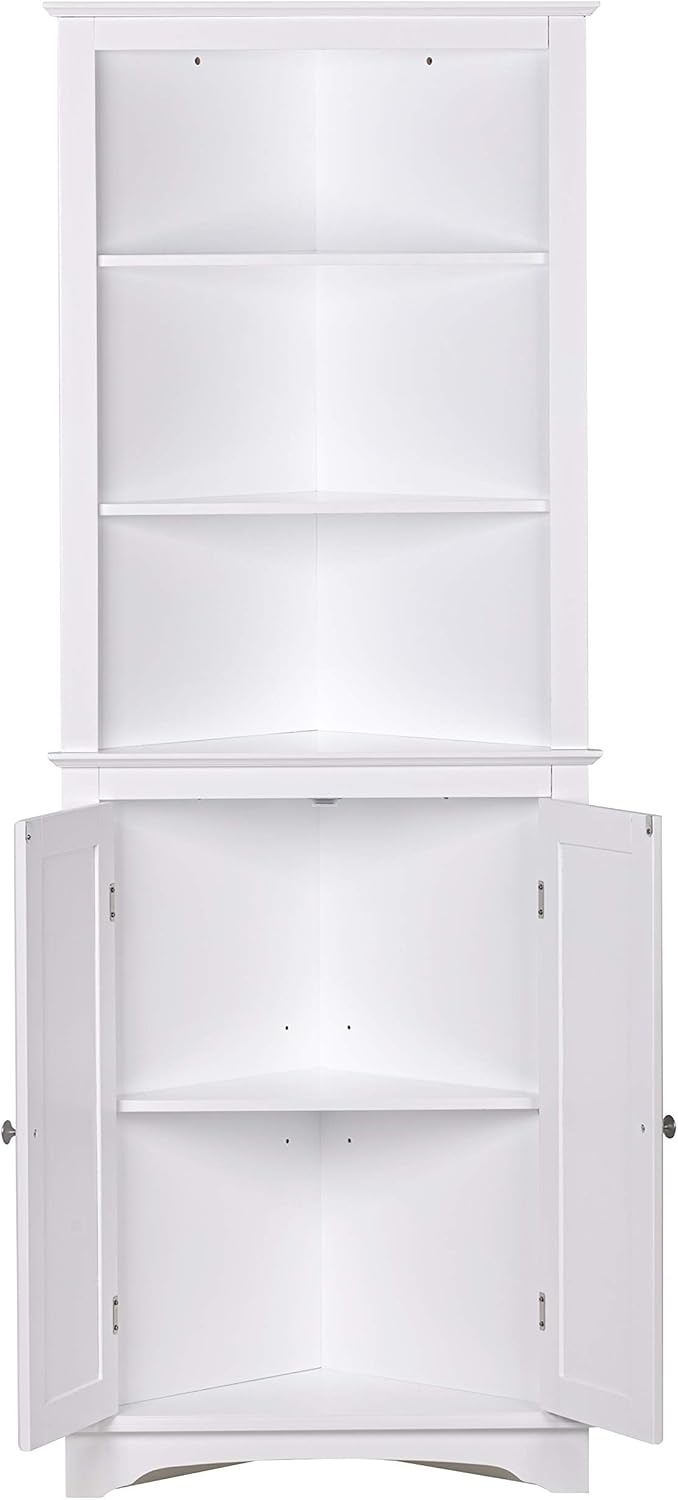 Spirich Tall Corner Cabinet with Doors and Shelves, Freestanding Corner Storage Cabinet for Bathroom, Kitchen, Living Room, White