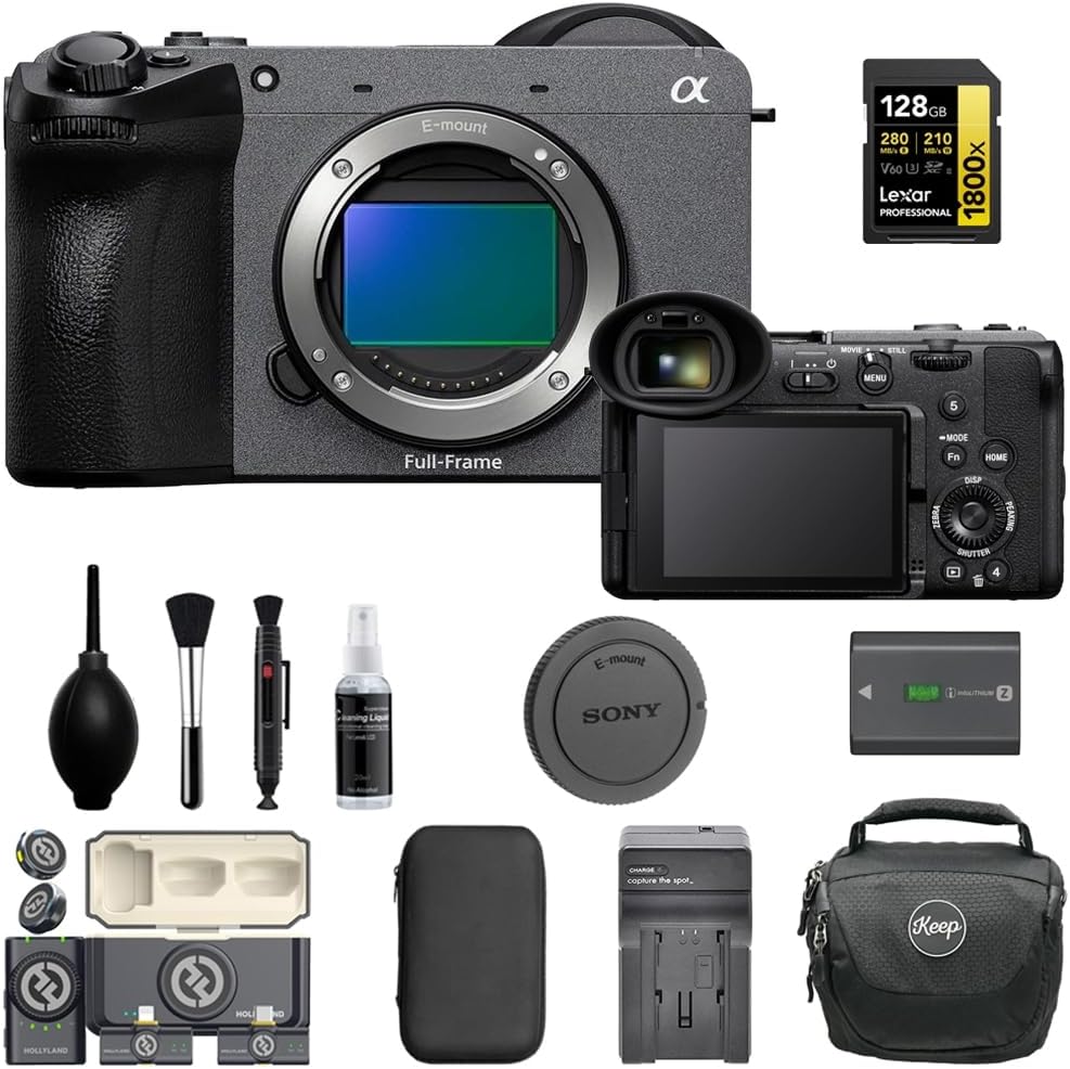 Sony FX2 Digital Cinema Camera Bundle with 128GB Memory Card + Hollyland Lark M2 Duo 2-Person Wireless Mic System + Battery Charger + Cleaning Kit + Camera Bag + Cleaning Cloth (7 Items)