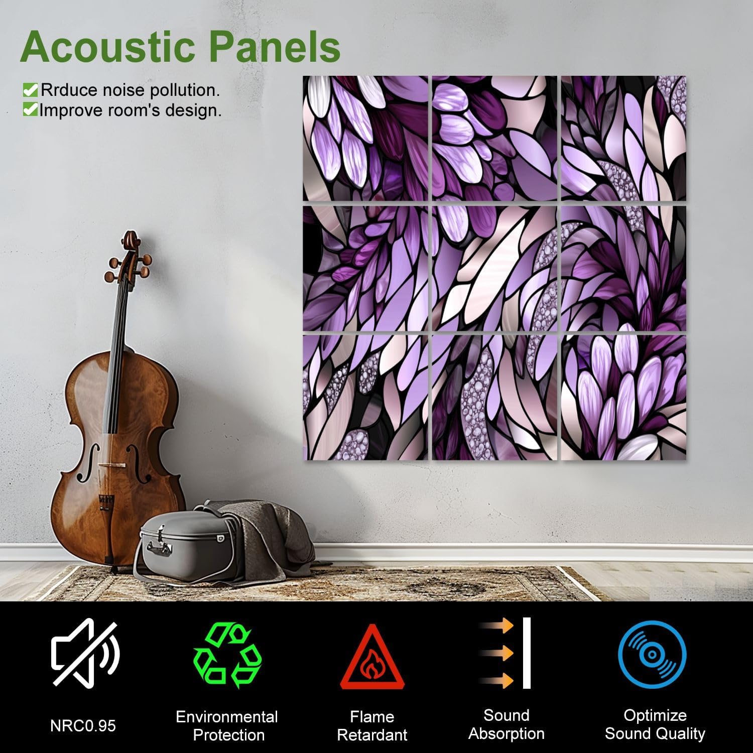 Art Acoustic Panels Self Adhesive Enchanting Stained Glass Nature Inspired Whimsy 9 Packs Decorative Soundproof Wall Panels Large Sound Absorbing Panels for Home Office 60