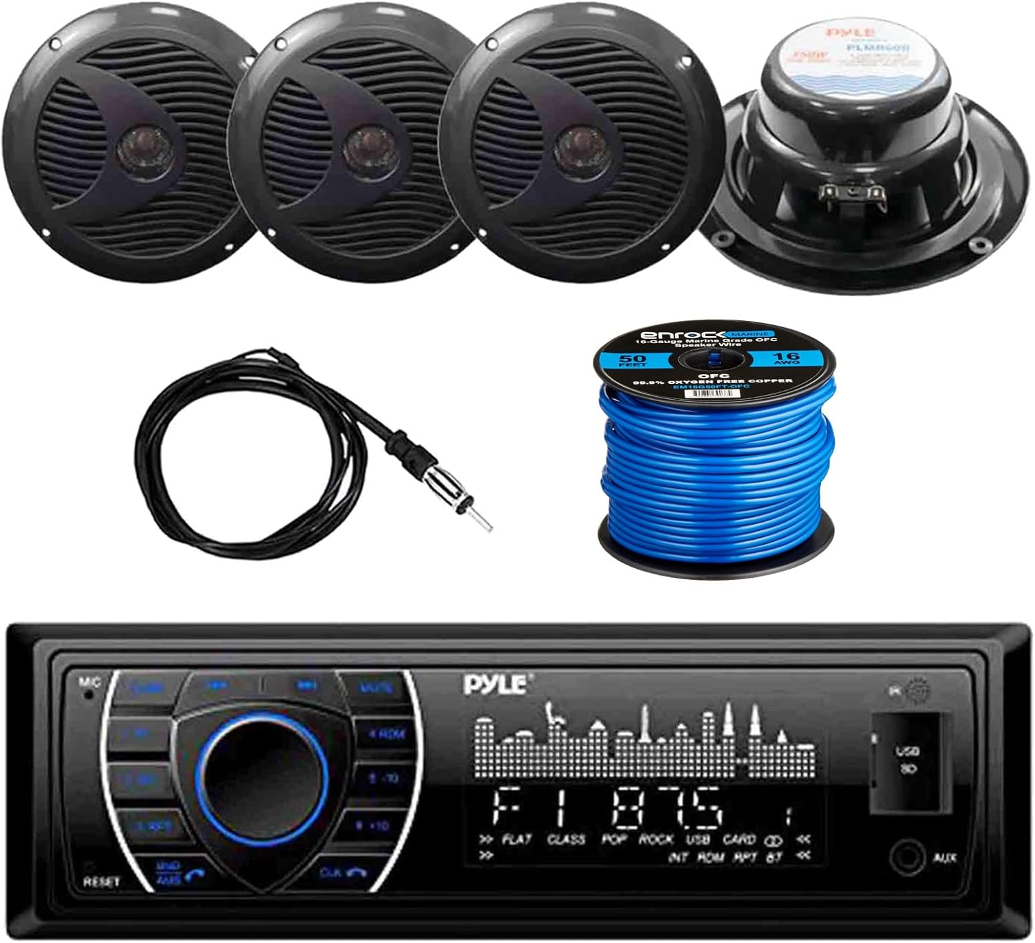 Pyle Single DIN Marine Bluetooth Receiver Stereo Bundle with 6.5