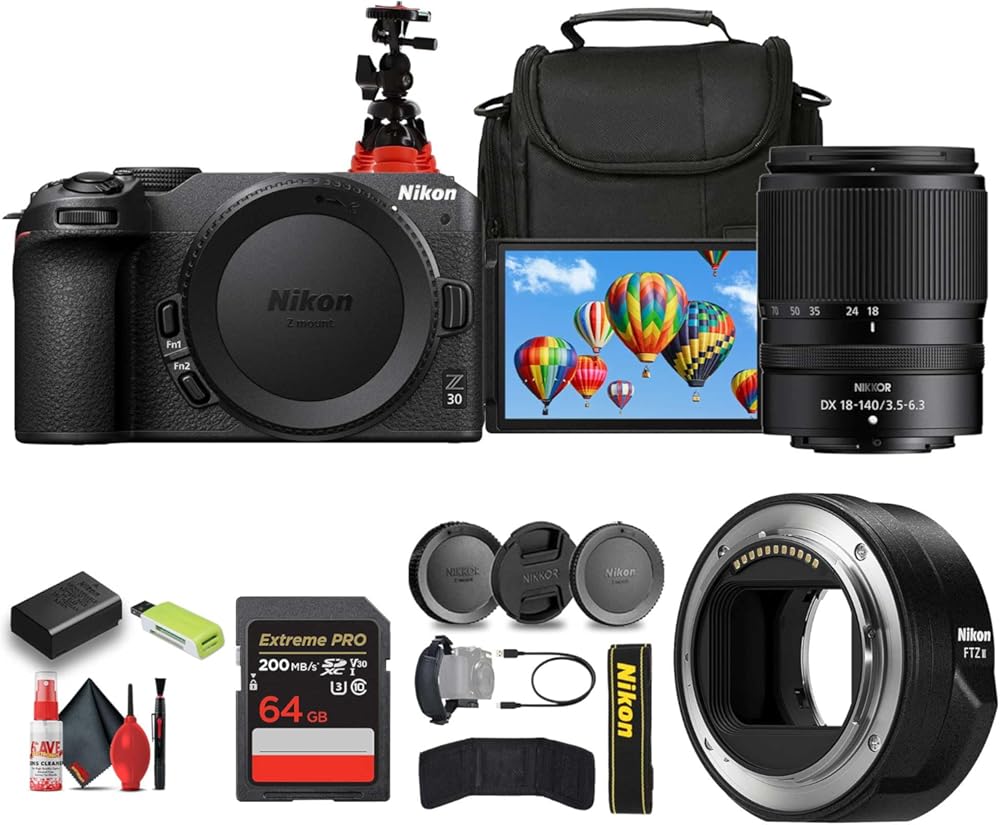 Nikon Z30 Lightweight Mirrorless Camera with NIKKOR Z DX 18-140mm f/3.5-6.3 VR Lens+ Soft Case + Cleaning Kit + Card Wallet + 64GB Card + Hand Strap + Tripod + FTZ II Mount Adapter (Renewed)