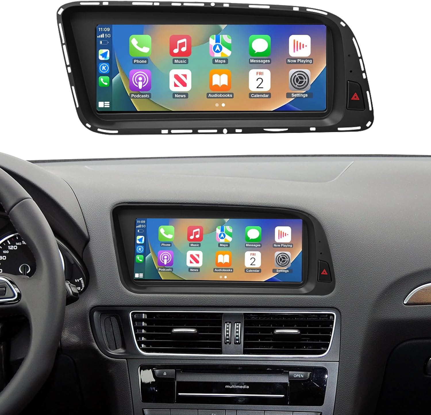 Road Top 8.9 Inch Car Radio Wireless CarPlay Touchscreen for Audi Q5 2009-2017 Year with 3GMMI, Car Radio Stereo Multimedia Screen, Support Wireless Android Auto, Navigation, Mirrorlink