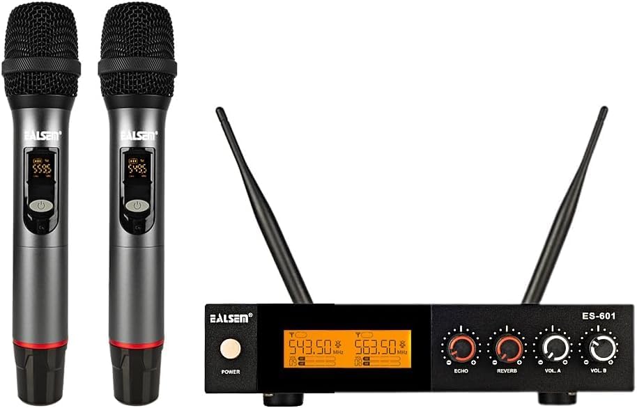 Wireless Microphone Systems, Dual UHF Handheld Dynamic Mic, Receiver with Reverberation, Echo Function, 164 ft Range,for Singing Home Karaoke, Party, Church, DJ, Wedding, Speech,Grey