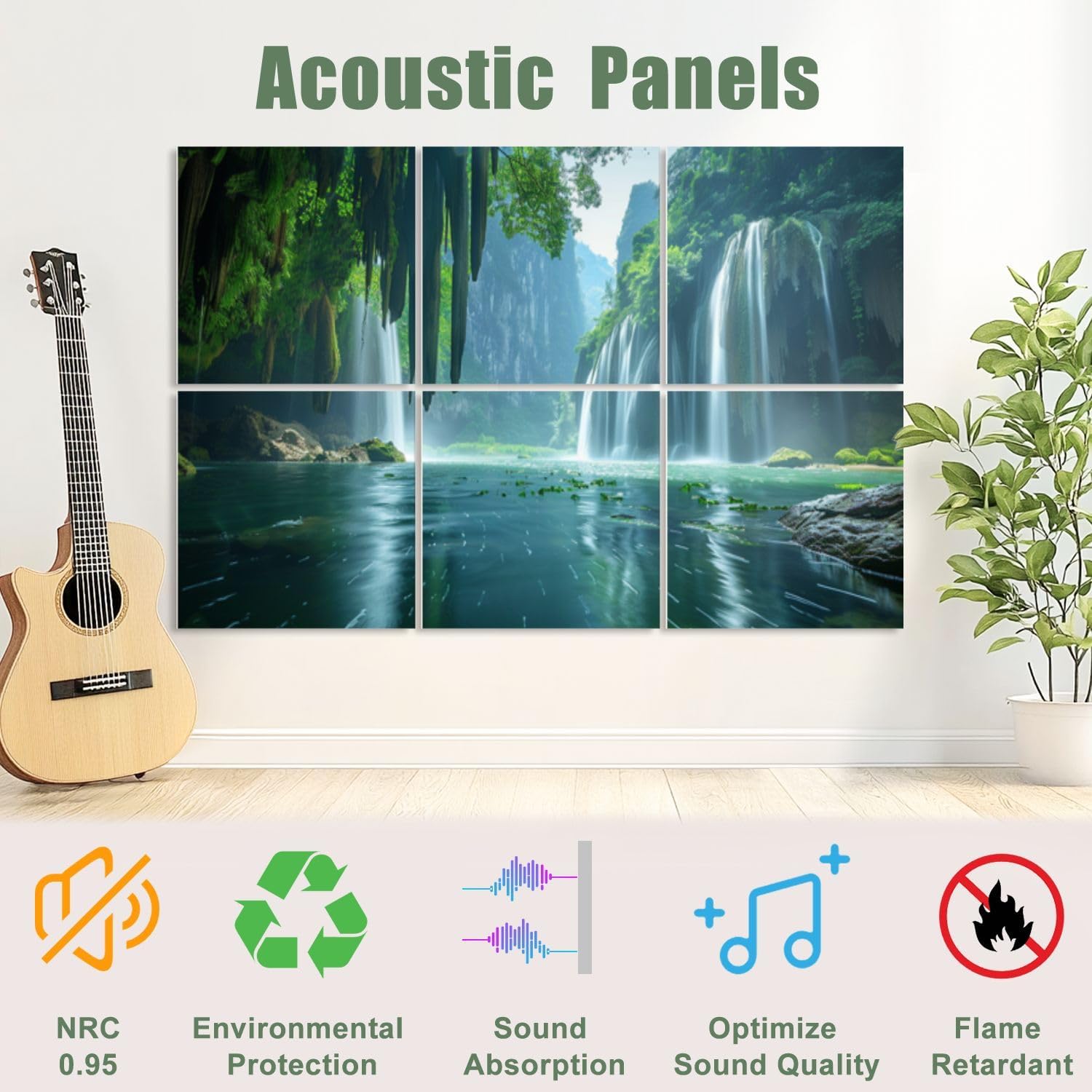 6 Pack Art Acoustic Panels Sound Absorbing Mountain Cave Nature Forest Landscape Waterfall Cave Tropical Trees Decorative Soundproof Wall Panels Self Adhesive for Recording Studios Office 72