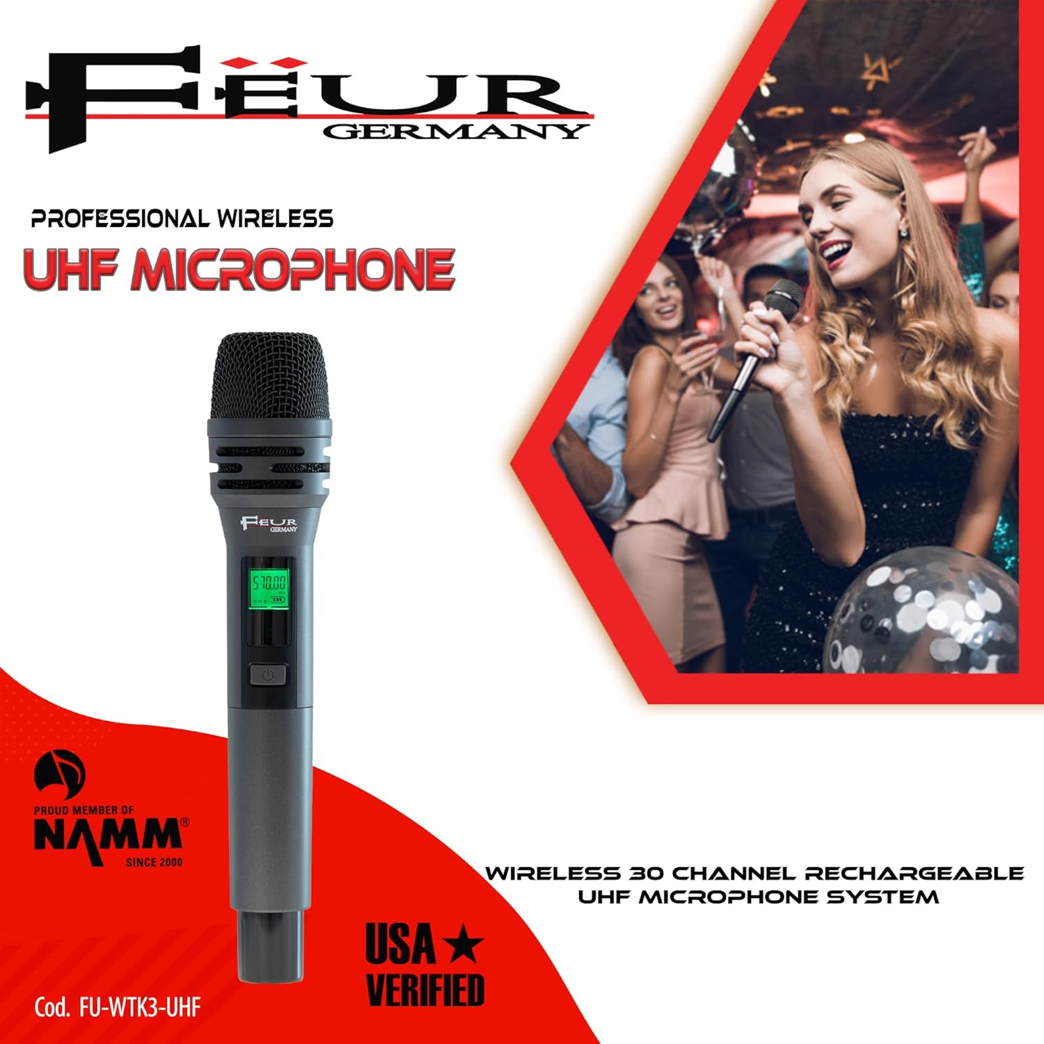 FEUR UHF Dynamic Wireless Microphone System - Wireless 30 Channel - Rechargeable Microphone System Ideal for Karaoke and Live Performances (FU-WTM30-UHF)