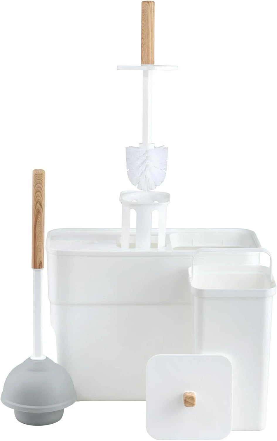 3-in-1 Bathroom Cleaning Set with Toilet Bowl Brush, Plunger, and Removable Trash Can, Caddy Organizer, Space-Saving Bathroom Tools, Durable Plastic, White, Home Bathroom Cleaning Kit