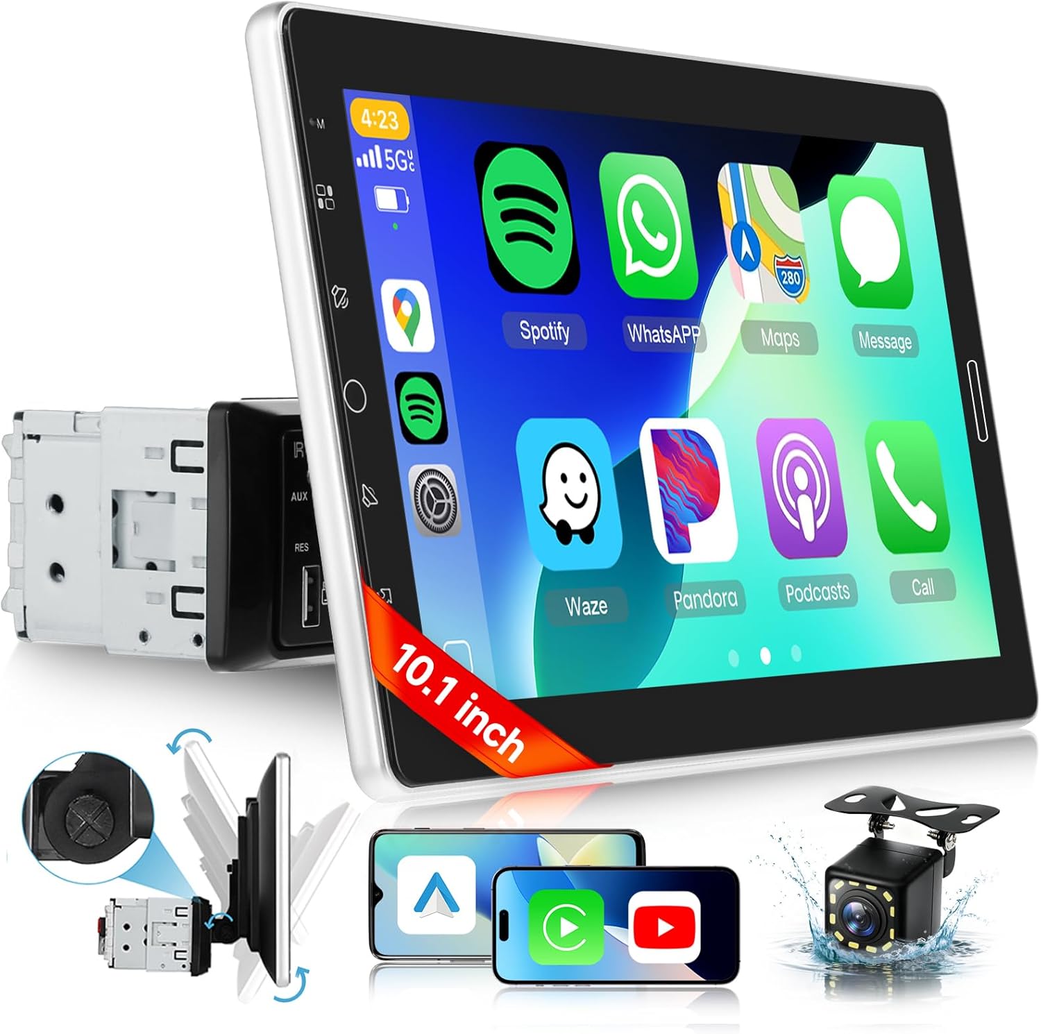 10.1 inch Single Din Car Stereo with AM/FM/RDS Wireless Carplay Android Auto Backup Camera, Sellrich Single Din Detachable Screen Radio Support Bluetooth YouTube MirrorLink EQ USB/AUX/TF SWC