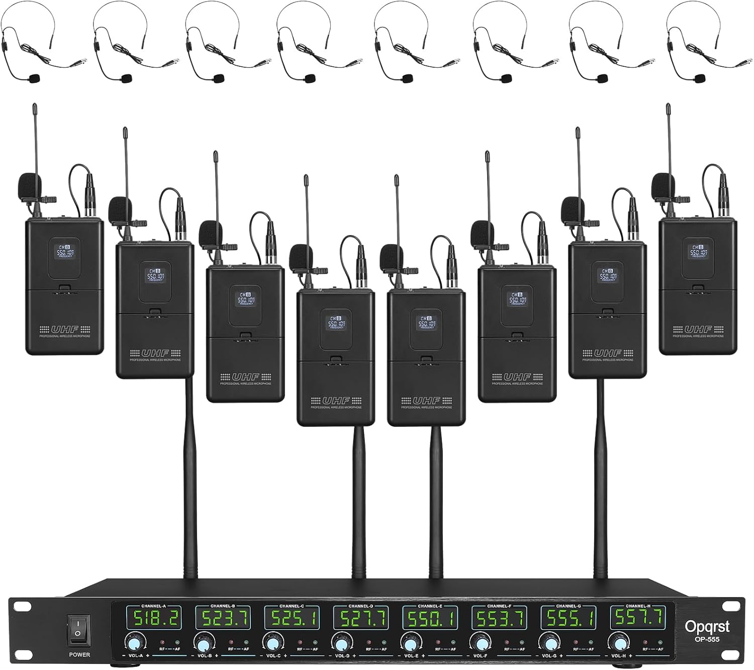 Wireless Microphone System, 8 Channel 8 Bodypack Lapel Mics, UHF 300ft Range, Fixed Frequency, Dynamic Microphones for Singing, Karaoke, Wedding, Party, Meeting, School